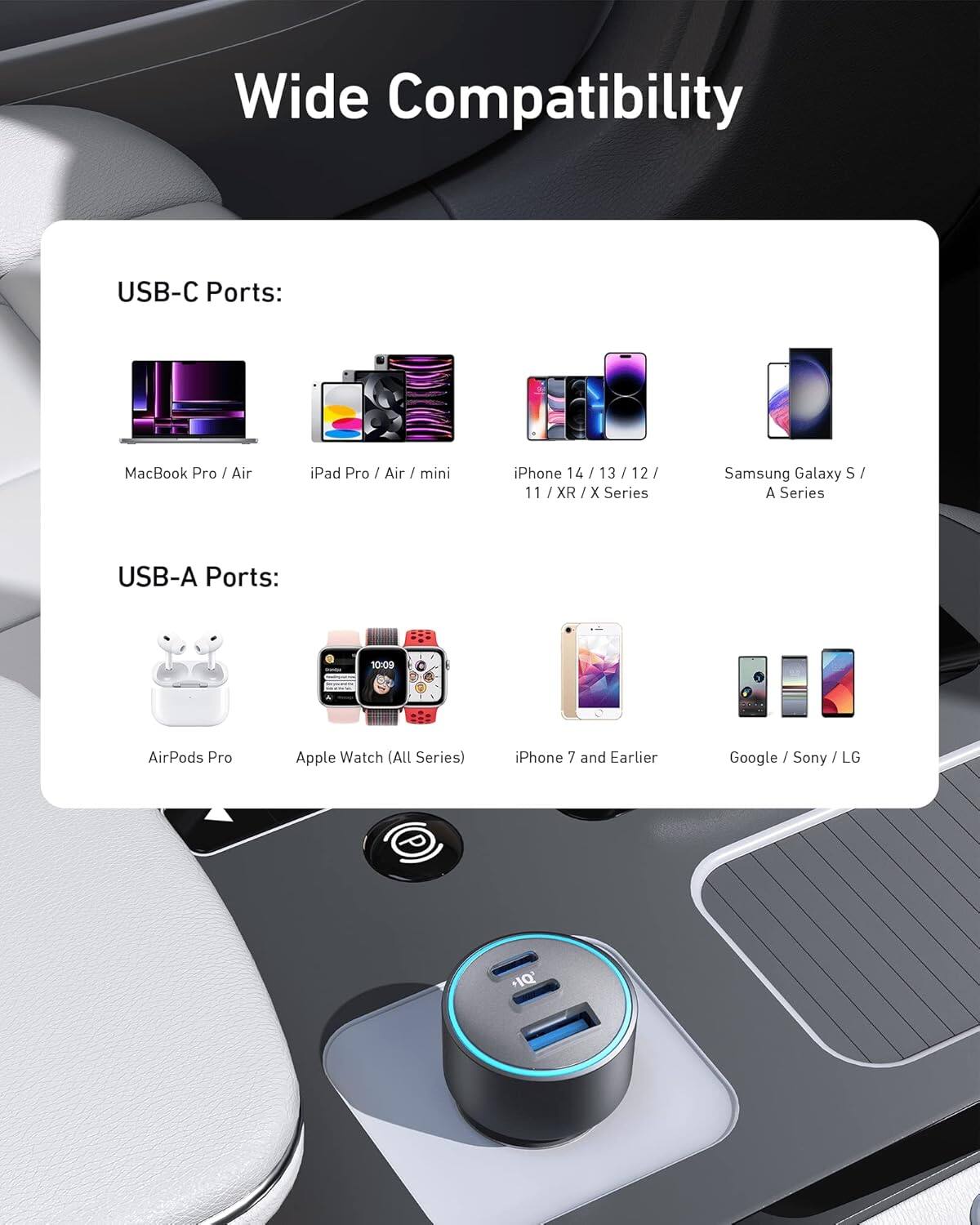 Wide Compatibility

USB-C Ports:
- MacBook Pro / Air
- iPad Pro / Air / mini
- iPhone 14 / 13 / 12 / 11 / XR / X Series
- Samsung Galaxy S / A Series

USB-A Ports:
- AirPods Pro
- Apple Watch (All Series)
- iPhone 7 and Earlier
- Google / Sony / LG