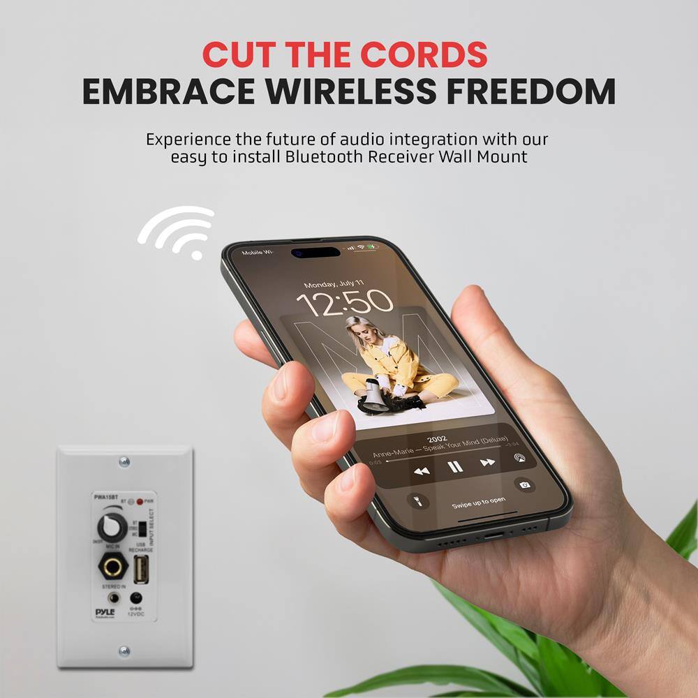 CUT THE CORDS  
EMBRACE WIRELESS FREEDOM  

Experience the future of audio integration with our easy to install Bluetooth Receiver Wall Mount  

Monday, July 1 12:50  
2002 Mind (Deluxe)  
Anne-Marie  
Swipe up to open  

PYLE VDC