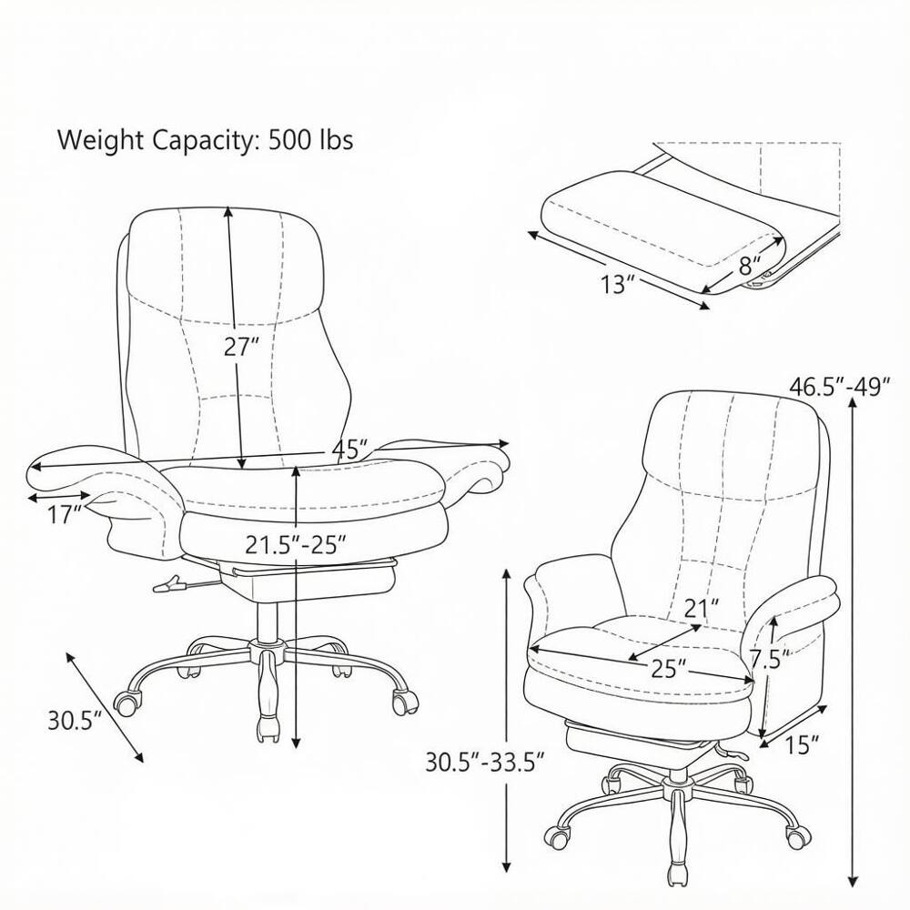 Weight Capacity: 500 lbs

13" 8" 27" 46.5"-49" 45" 17" 21.5"-25" 21" 25" 7.5" 30.5" 30.5"-33.5" 15"