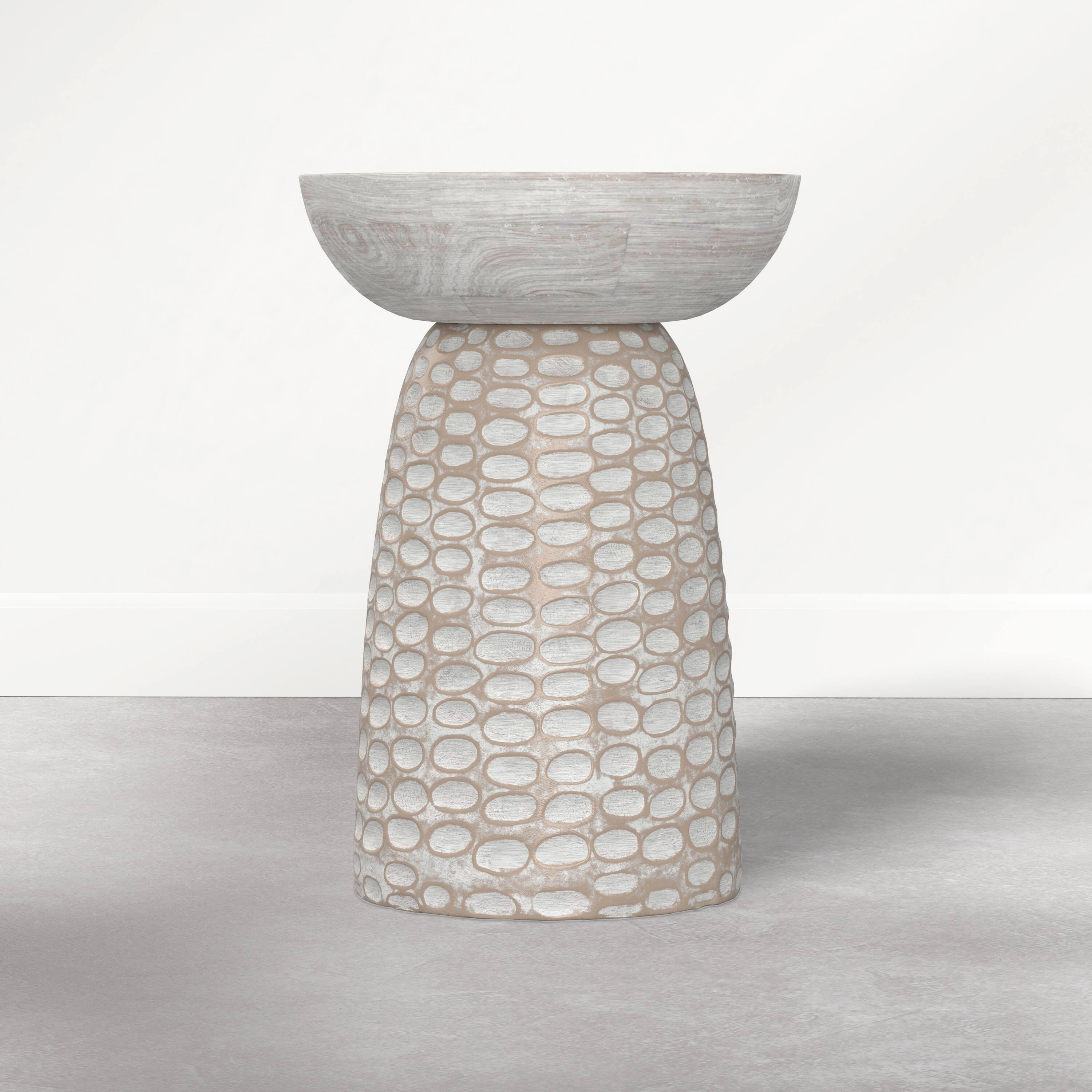 Left. Simpli Home - Boyd 13 inch Wide Solid Mango Wood Round Accent Table, Distressed White - Distressed White.