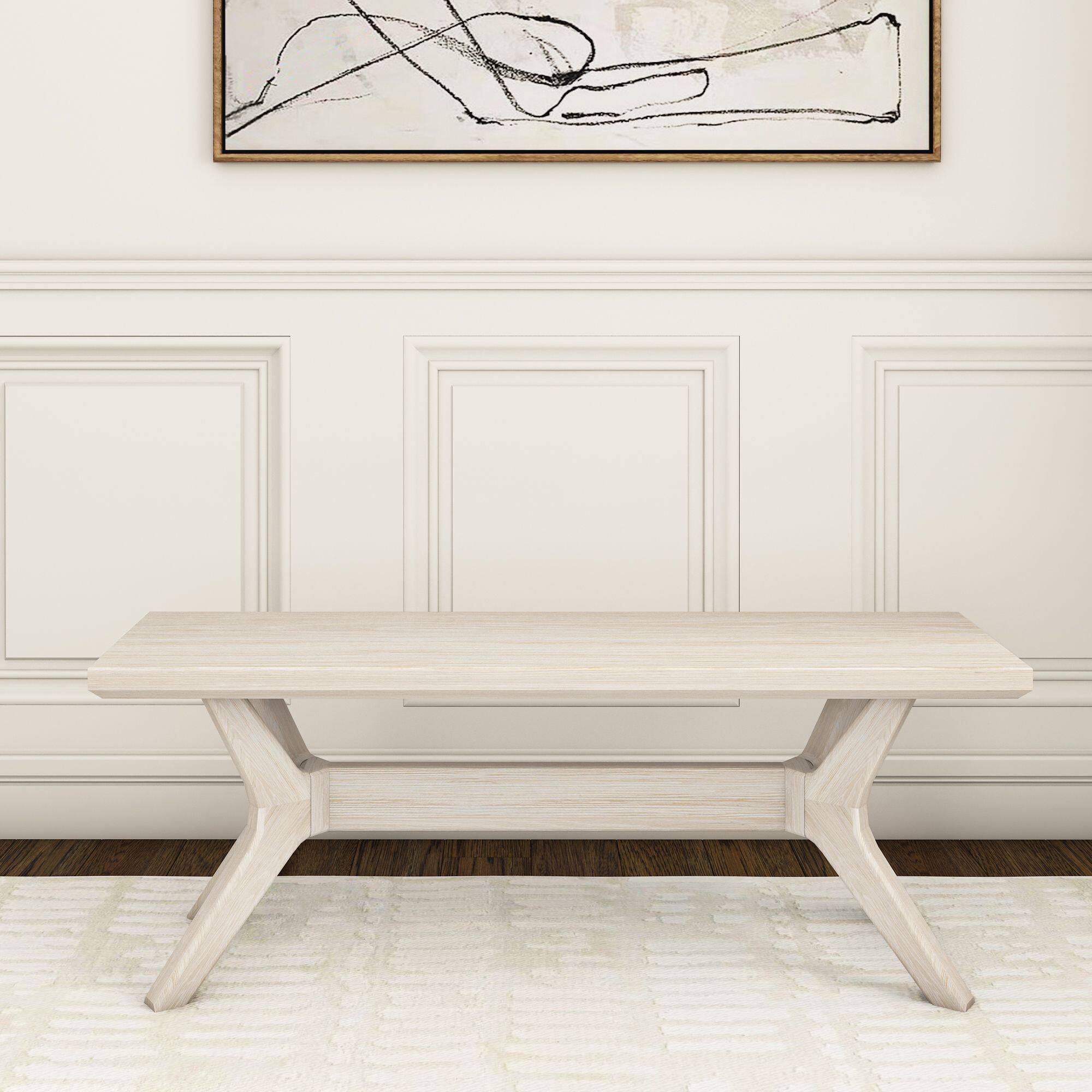 Alt View 1. Plank+Beam - Cross Leg Dining Room Bench (48in / 1220mm), White Sand Wirebrush - White Sand Wirebrush.