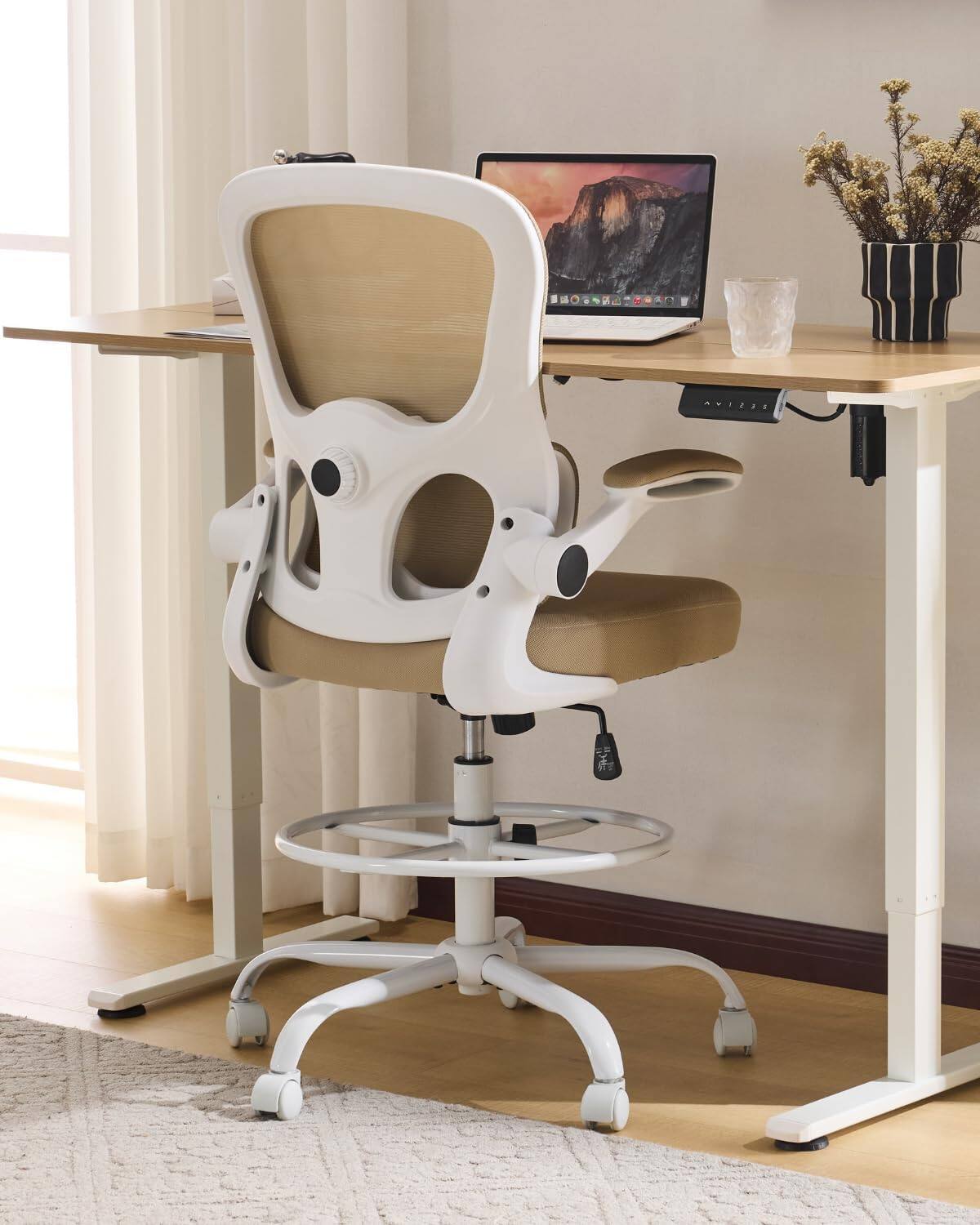 Alt View 7. Winado - Office Artist Chair with Adjustable Footrest and Lumbar Support Contoured Back Support, Flip-Up Armrests, 360° Swivel - Mesh Khaki.