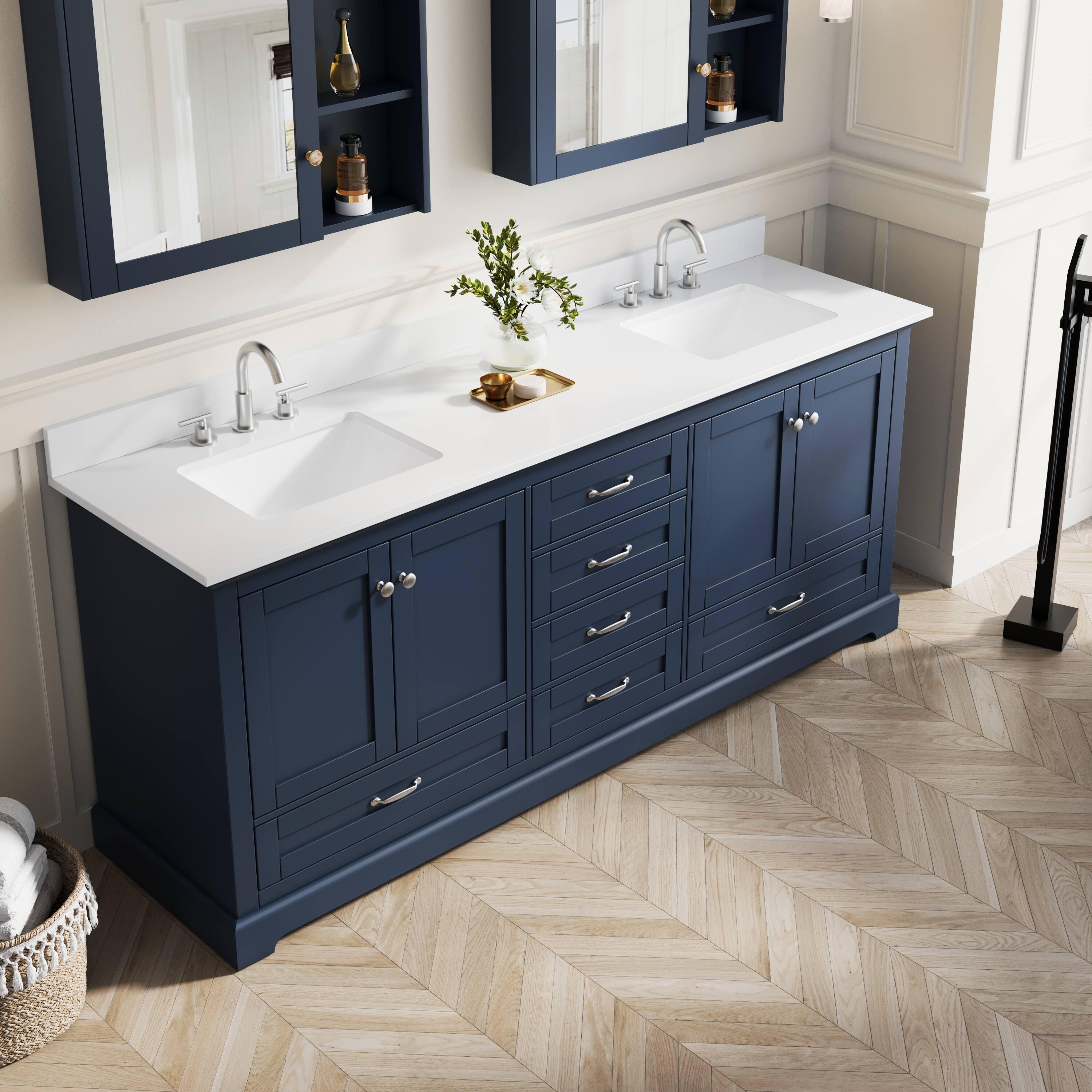 Angle. WELLFOR - LVD 80 in. Solid Wood Double Sink Freestanding Bath Vanity with Culutered Marble Top, Assembled - Navy Blue.