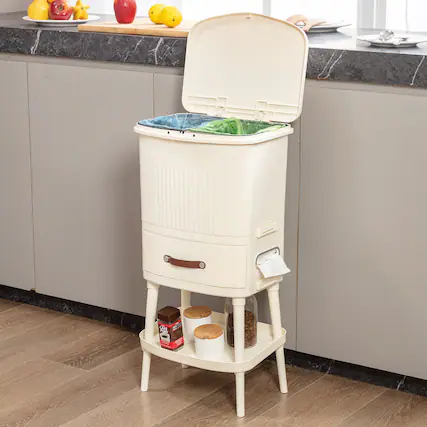 Front. Vecelo - Kitchen Trash Can with Press-Type Lid - Dual Compartment Pet Proof Garbage Bin, Tissue Holder & Storage Drawer - Beige.