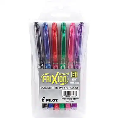 Sure, here is the corrected and grouped text:
**Product Name:**
- Pilot FriXion Point 6 Pens
**Features:**
- 6 Point
- X-Fine Assist. Nibs
- Erasable Gel Ink
- Refillable
**Model Number:**
- 72838
**Barcode:**
- 46524
**Brand:**
- Pilot
**Additional Information:**
- Pilot Corporation, Tokyo, Japan
- Made in China
- For more information, visit www.pilot.com