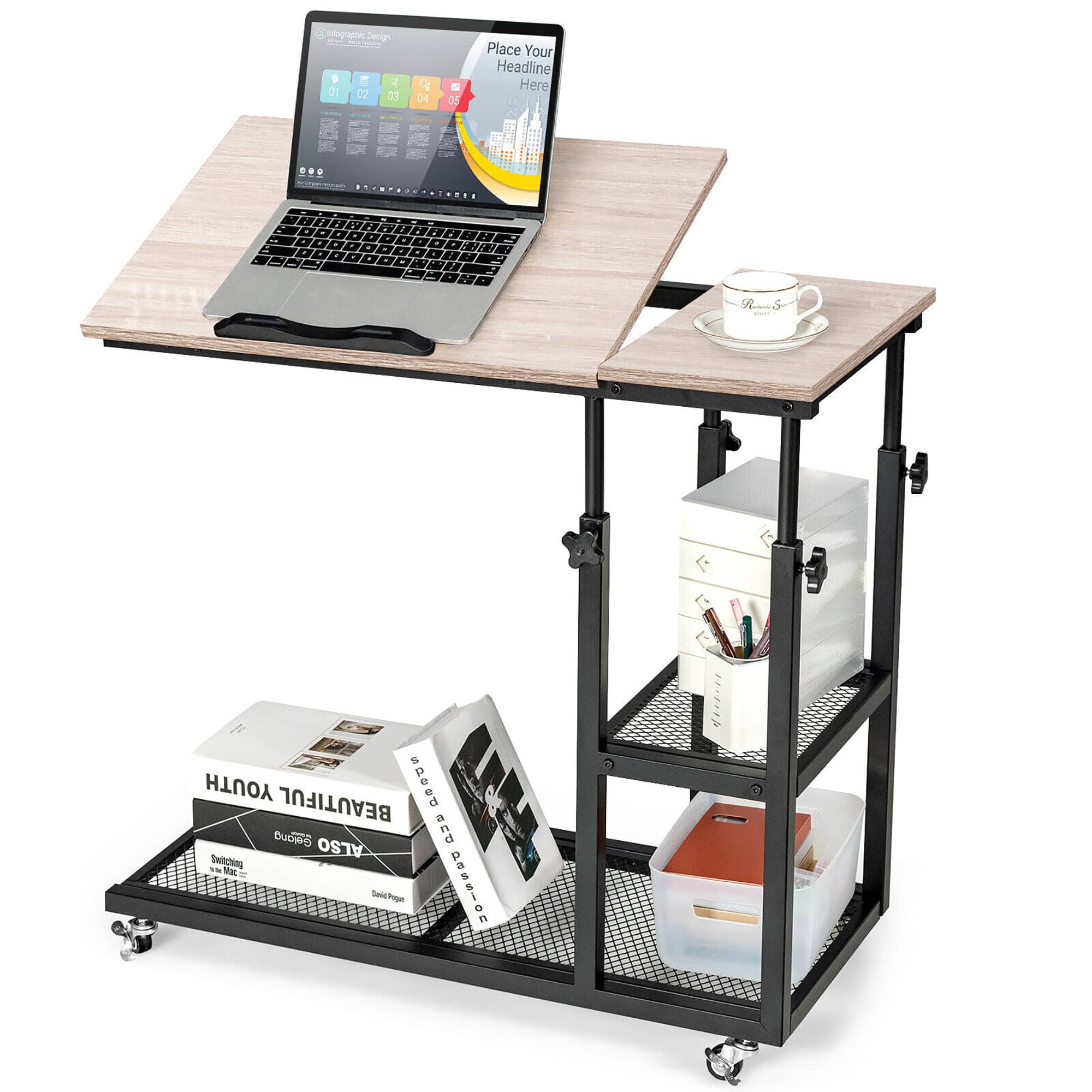 Gymax - C Shaped Side Table with Wheels Height and Tabletop Adjustable Storage Shelf - Natural price history on PriceWatchPro