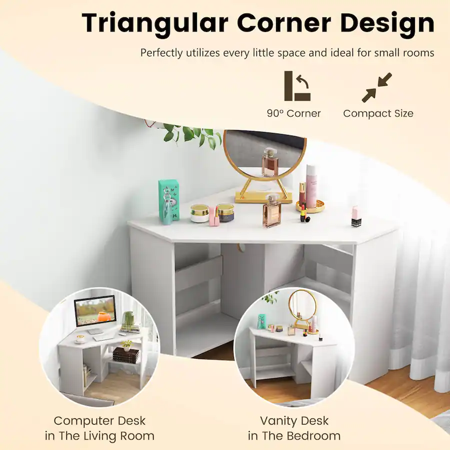 Costway Triangle Corner Computer Desk with Storage Shelf White ...