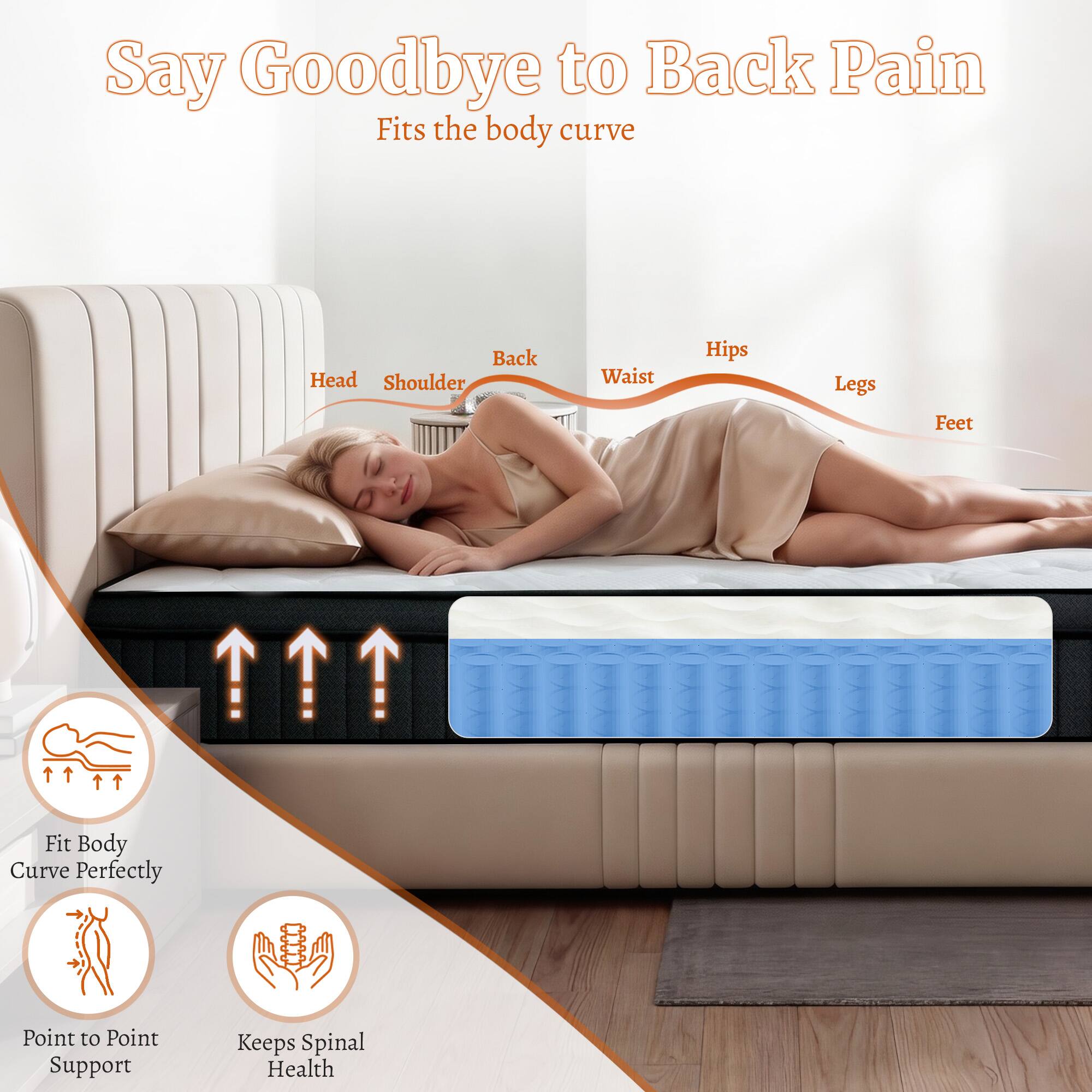 Say Goodbye to Back Pain  
Fits the body curve

- Back
- Head
- Shoulder
- Waist
- Hips
- Legs
- Feet

Fit Body Curve Perfectly  
Point to Point Support  
Keeps Spinal Health