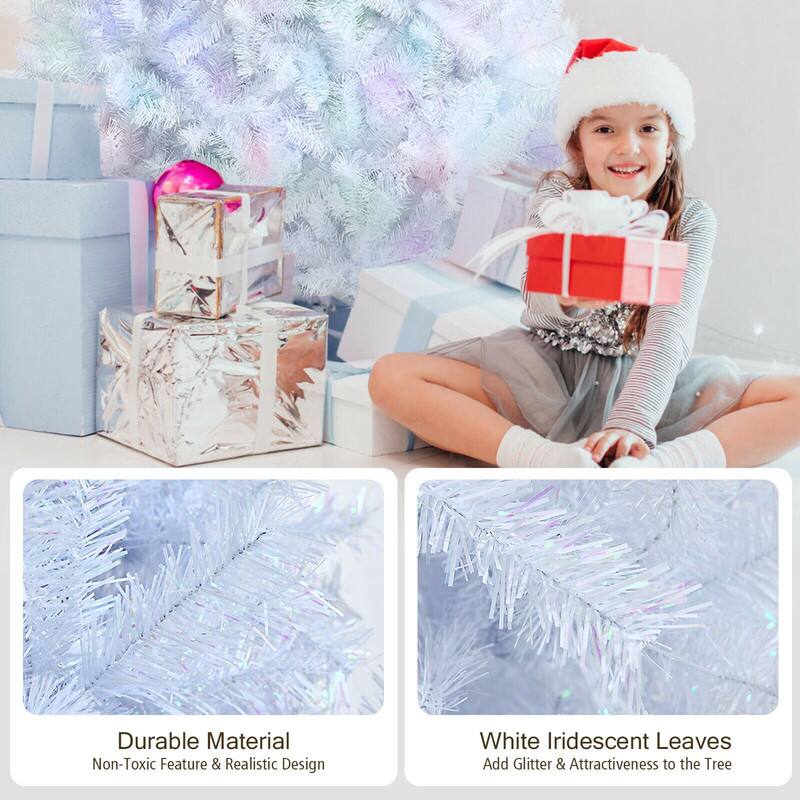 Durable Material  
Non-Toxic Feature & Realistic Design

White Iridescent Leaves  
Add Glitter & Attractiveness to the Tree