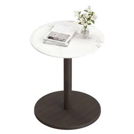 Costway - 1 PCS Round Marble Side Table with Stone Finish & Wooden Base for Living Room Bedroom - White + Black