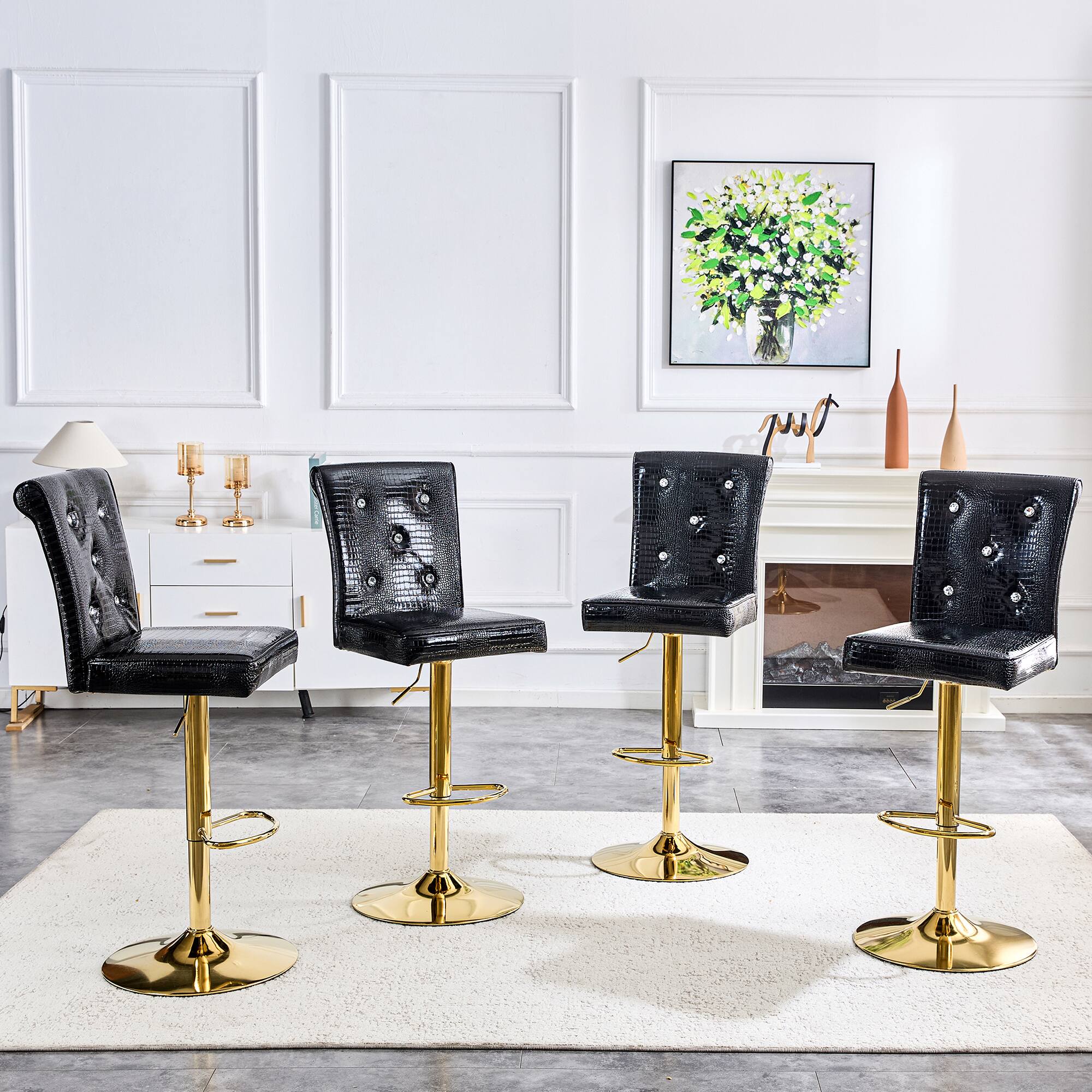 Alt View 1. Loheer - Vintage Crocodile Faux Leather Lift Bar Stools Set of 2 Adjustable 1.8 x 1.4 x 4.1 ft - Black.