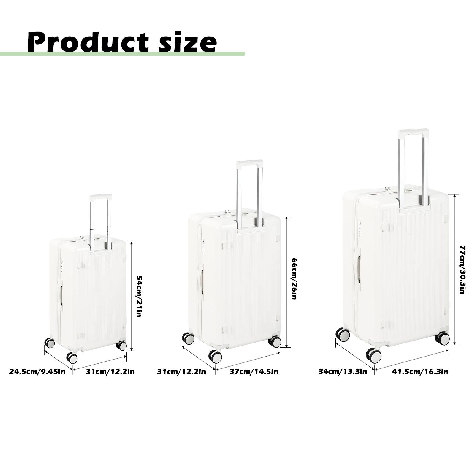 Product size

54cm/21in  
66cm/26in  
77cm/30.3in  
24.5cm/9.45in  
31cm/12.2in  
31cm/12.2in  
37cm/14.5in  
34cm/13.3in  
41.5cm/16.3in
