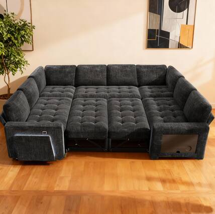 Front. Vipbear - Vipbear 112 in large U-shaped sofa, with side pockets and a small table board, can be stored and assembled without tools - Black.