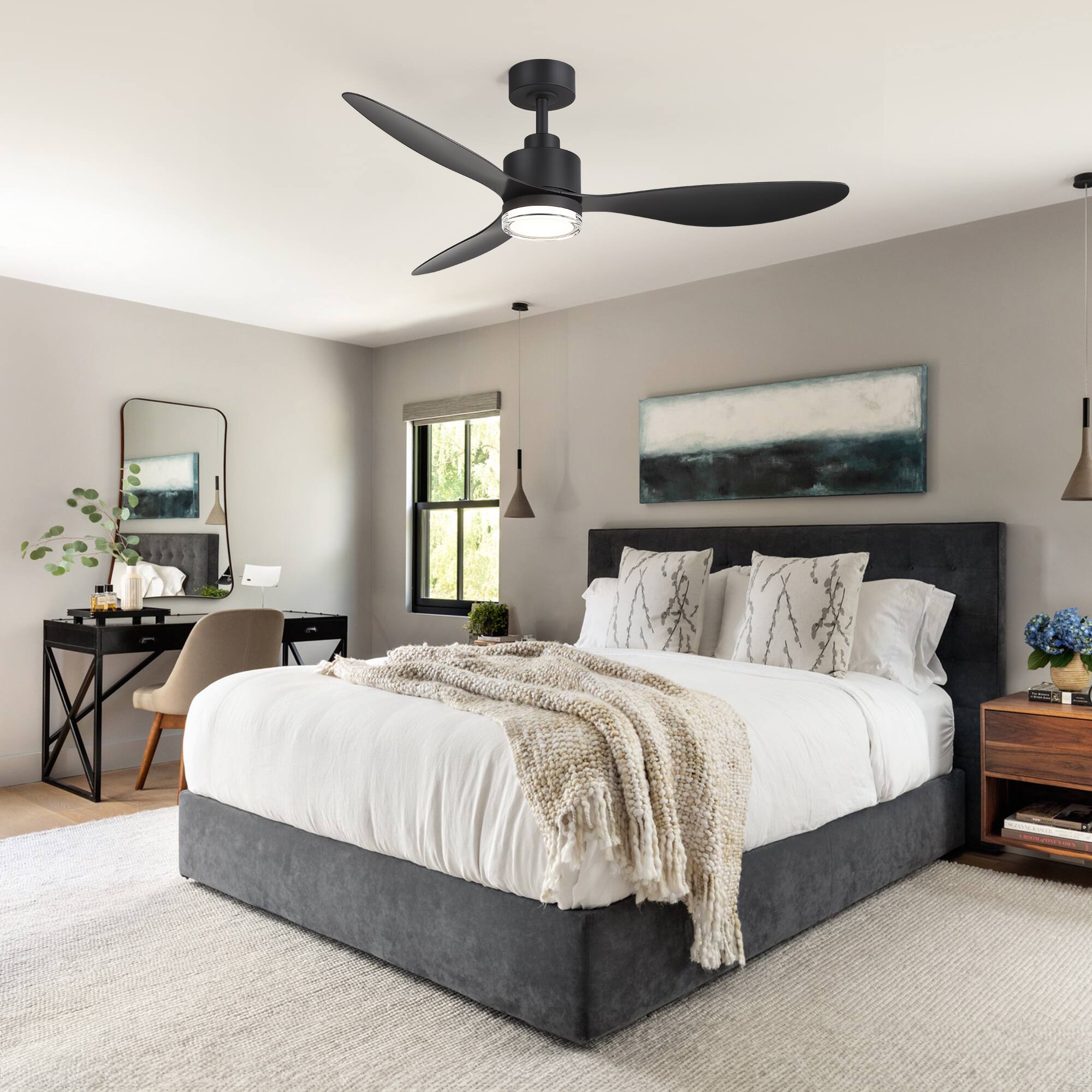 Alt View 1. Breezary - 52-Inch Modern LED Ceiling Fan with Remote, 6'' Downrod, 3 ABS Blades, 6-Speed DC Motor, Reversible & Timer - black.