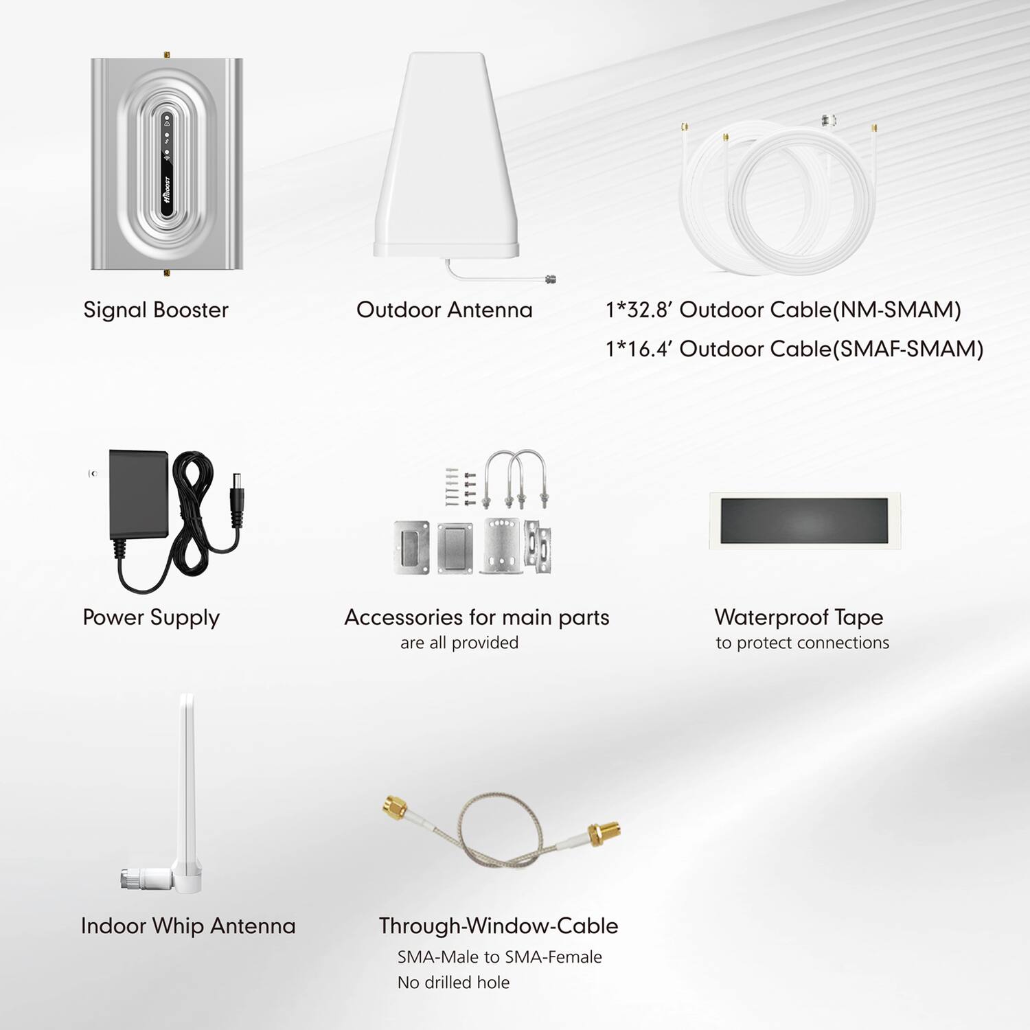 Signal Booster  
Outdoor Antenna  
1*32.8' Outdoor Cable (NM-SMAM)  
1*16.4' Outdoor Cable (SMAF-SMAM)  
Power Supply  
Accessories for main parts are all provided  
Waterproof Tape to protect connections  
Indoor Whip Antenna  
Through-Window-Cable SMA-Male to SMA-Female  
No drilled hole