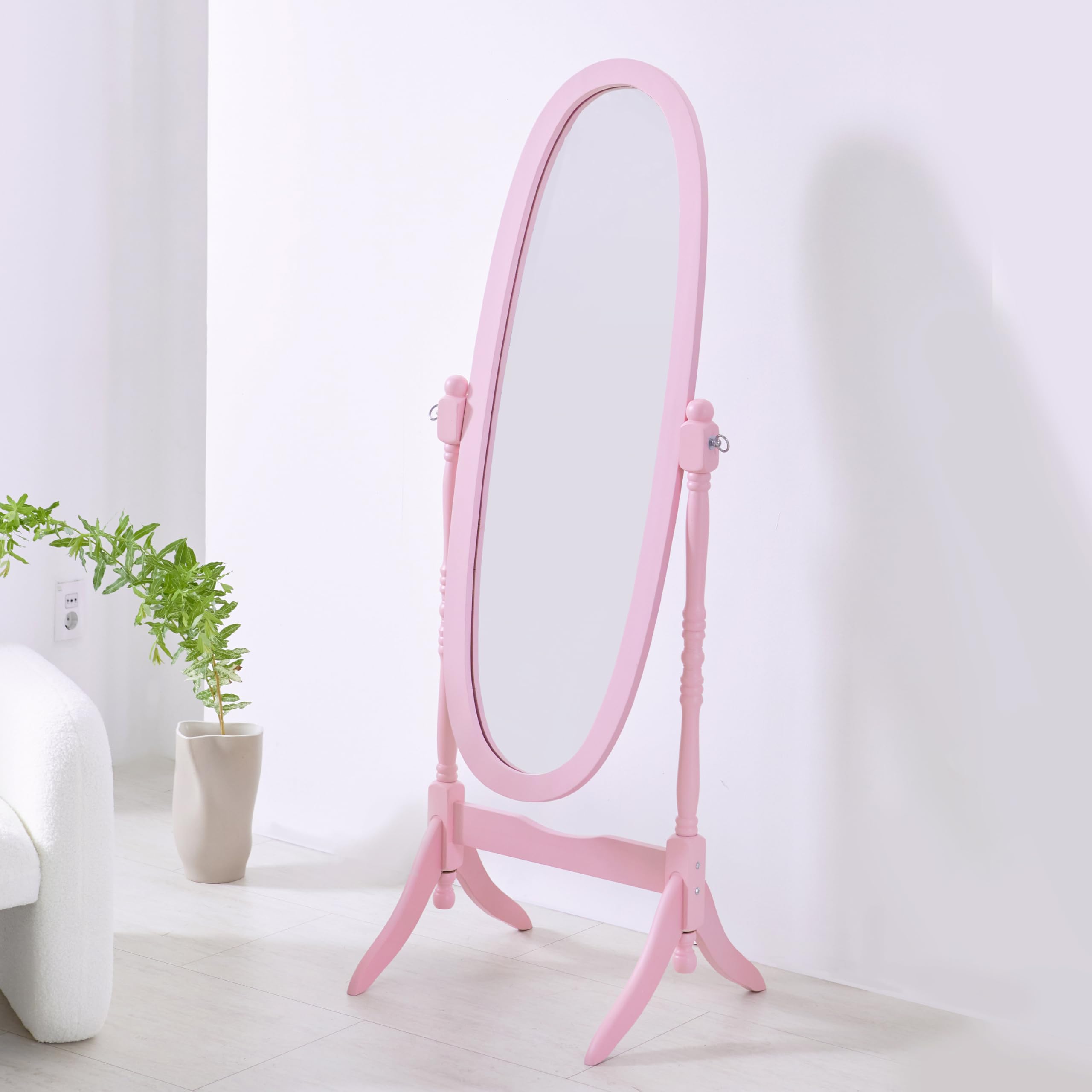 Hanke - Ashely Wooden Antique Floor Free Standing Mirror traditional Style Oval Dressing Cheval Mirror Bedroom - Pink