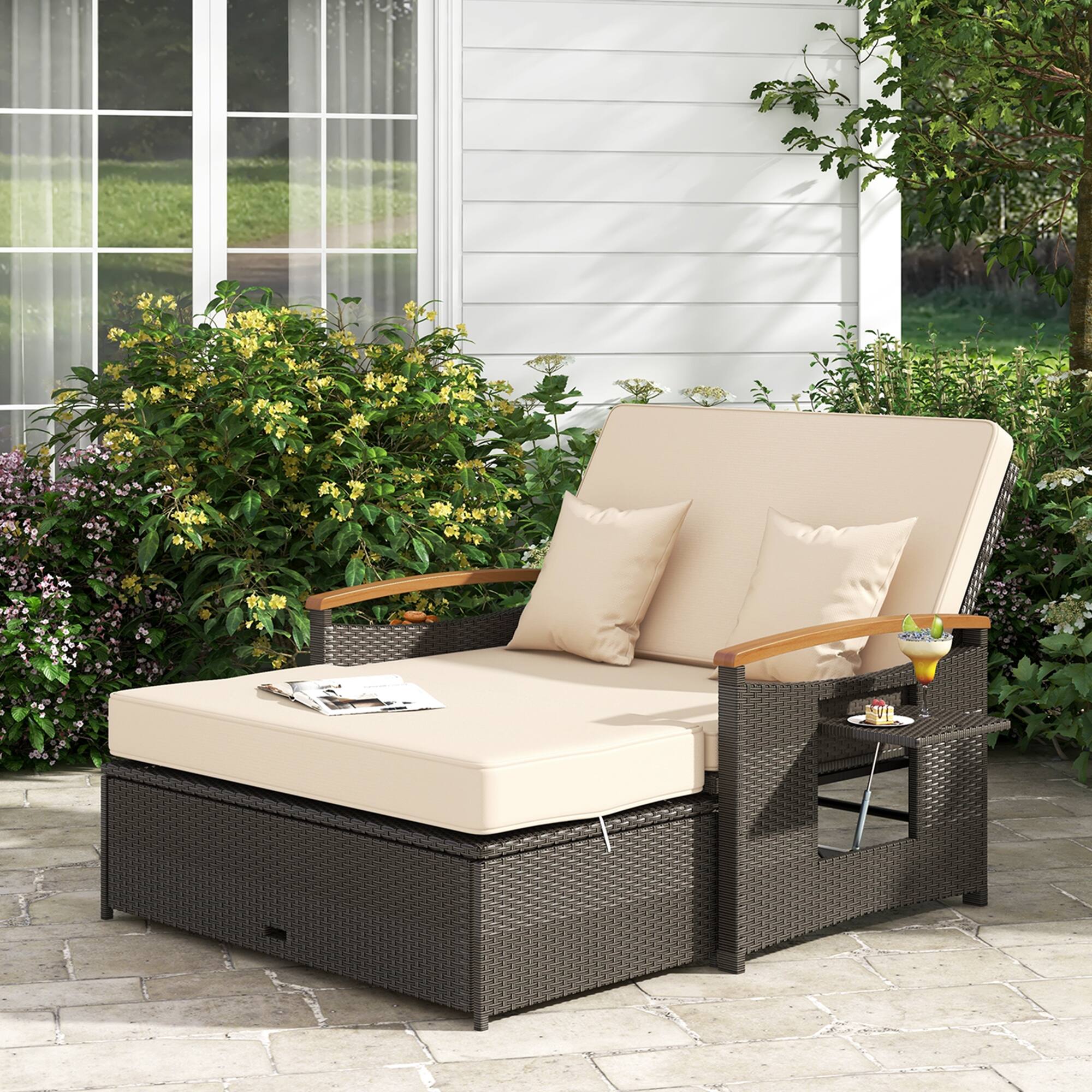 Alt View 3. Costway - Patio Rattan Daybed Set with Cushioned Loveseat & Storage Ottoman for Porch - Beige + Mix Brown.