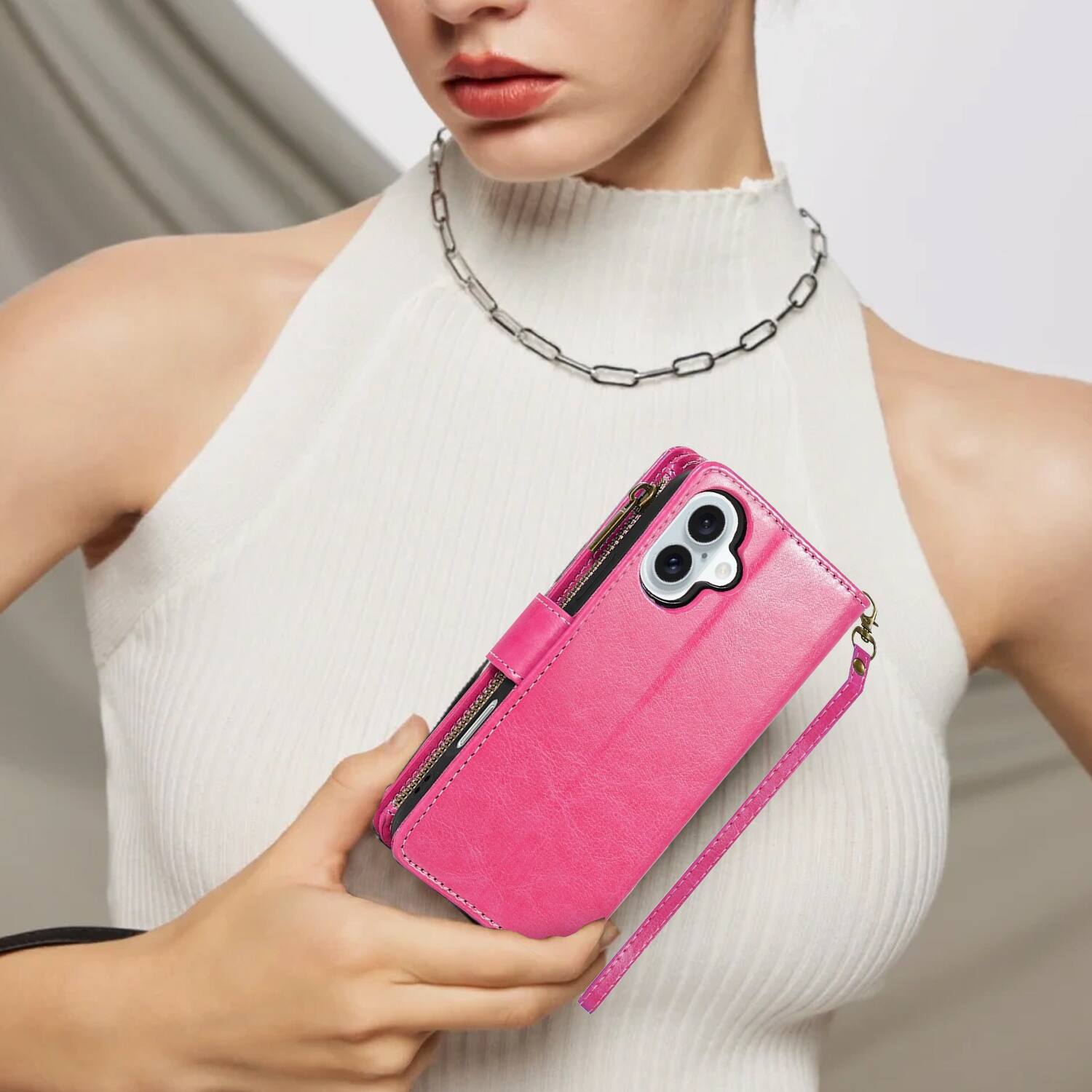 Alt View 7. Equipd - Phone Case for iPhone 17 6.3", Luxury Wallet Card ID Zipper Money Holder Cover (Pink) - Pink.