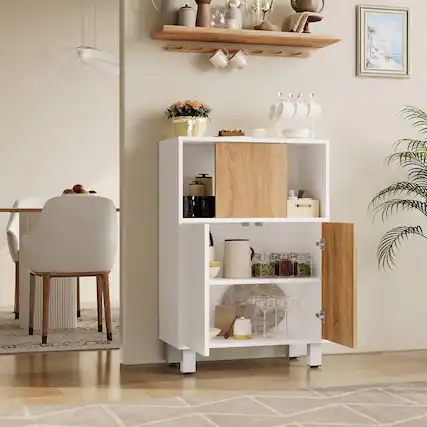Front. Qeetex - Sideboard Buffet Sideboard Cabinet with Sliding Barn Door & Adjustable Shelf - White.