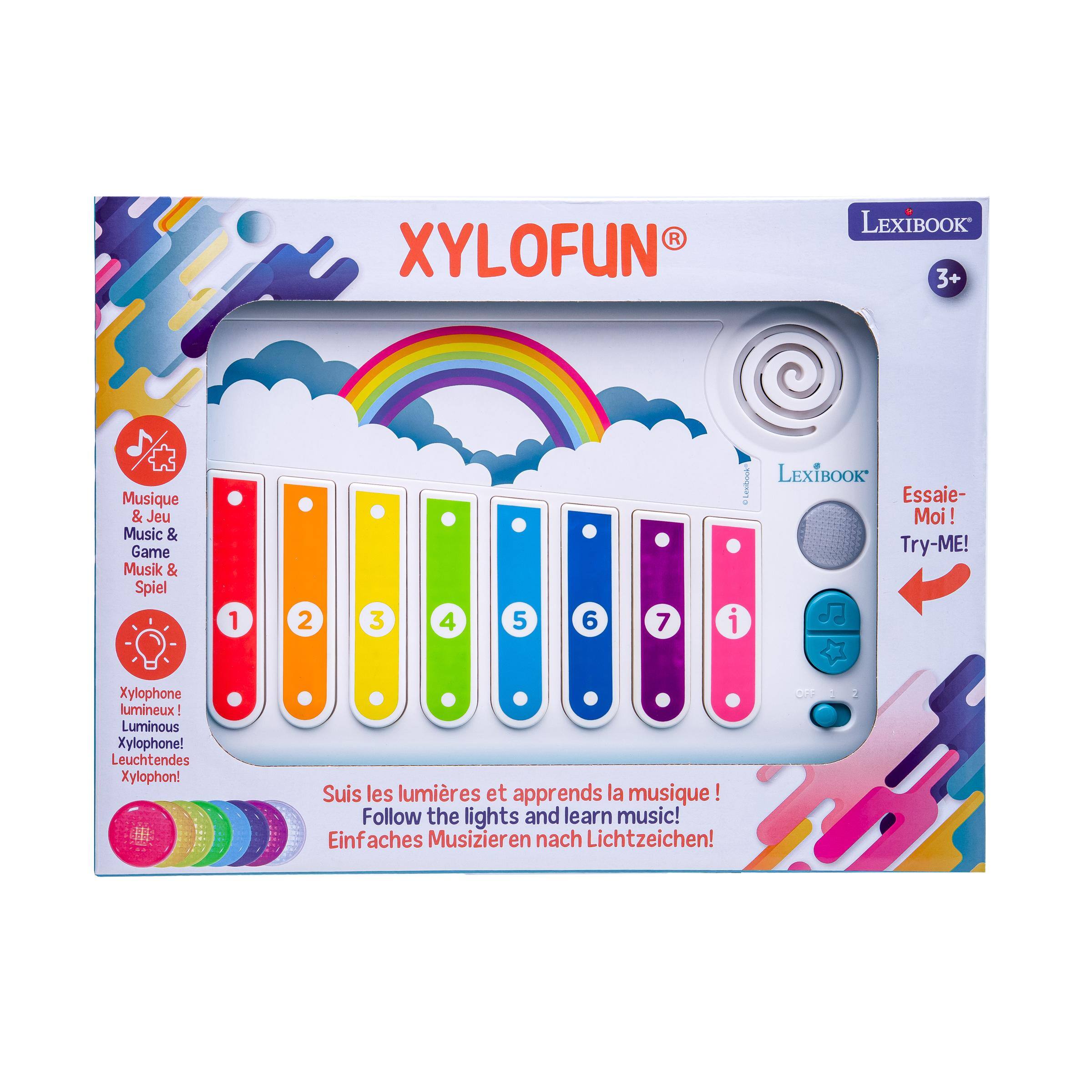 XYLOFUN  
LEXIBOOK 3+  
Musique & Jeu Music & Game Musik & Spiel  
1  
2  
3  
4  
5  
6  
7  
i  
Levannik LEXIBOOK Essaie-Moi! Try-ME!  
Xylophone lumineux! Luminous Xylophone! Leuchtendes Xylophon!  
Suis les lumières et apprends la musique! Follow the lights and learn music! Einfaches Musizieren nach Lichtzeichen!  
OFF