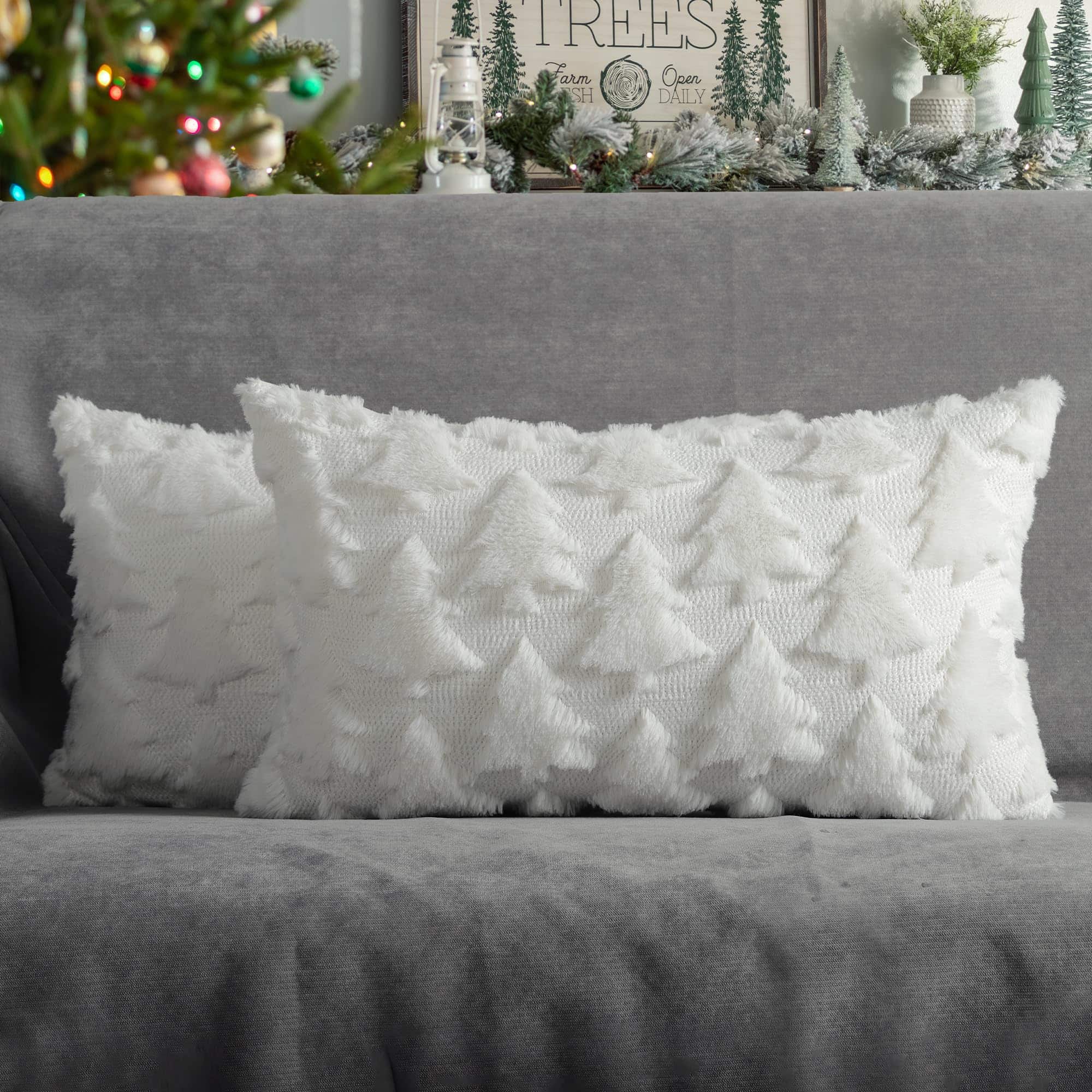 Stylel Star - 4TH Emotion Christmas Trees Decorative Pillow Covers 18x18 Set of 2, Beige Soft Plush Faux Fur Farmhouse Throw Cushio - White