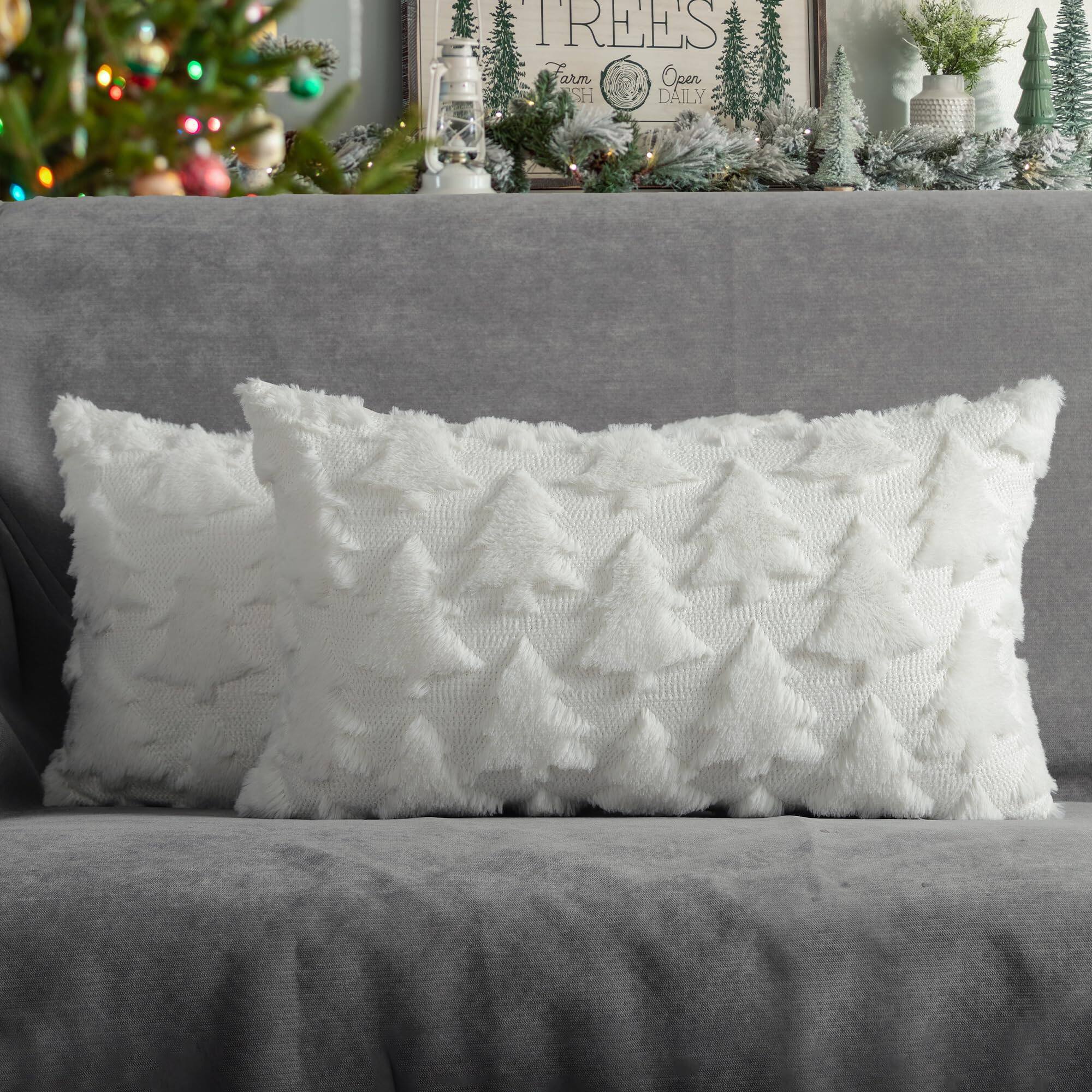 Stylel Star - 4TH Emotion Christmas Trees Decorative Pillow Covers 18x18 Set of 2, Beige Soft Plush Faux Fur Farmhouse Throw Cushio - White