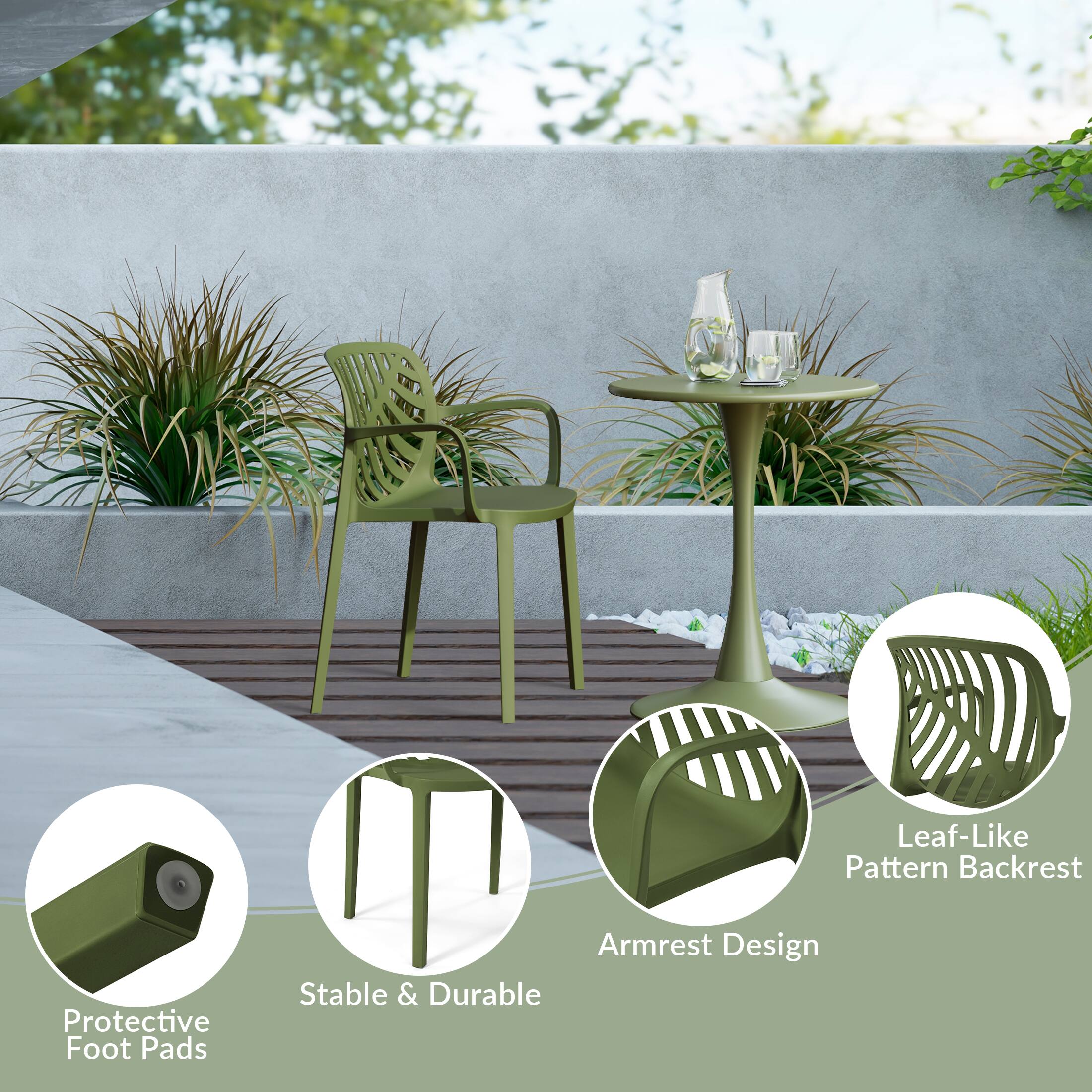 - Leaf-Like Pattern Backrest
- Protective Foot Pads
- Armrest Design
- Stable & Durable