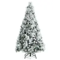 Costway - 6ft Artificial Christmas Tree, Snow Flocked Hinged Xmas Tree w/ Pine Needles, Red Berries, Pine Cones - Green/White - Front_Zoom