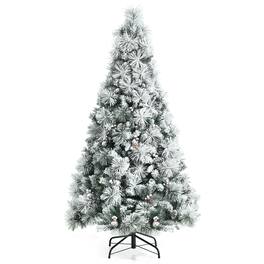 Costway - 6ft Artificial Christmas Tree, Snow Flocked Hinged Xmas Tree w/ Pine Needles, Red Berries, Pine Cones - Green/White