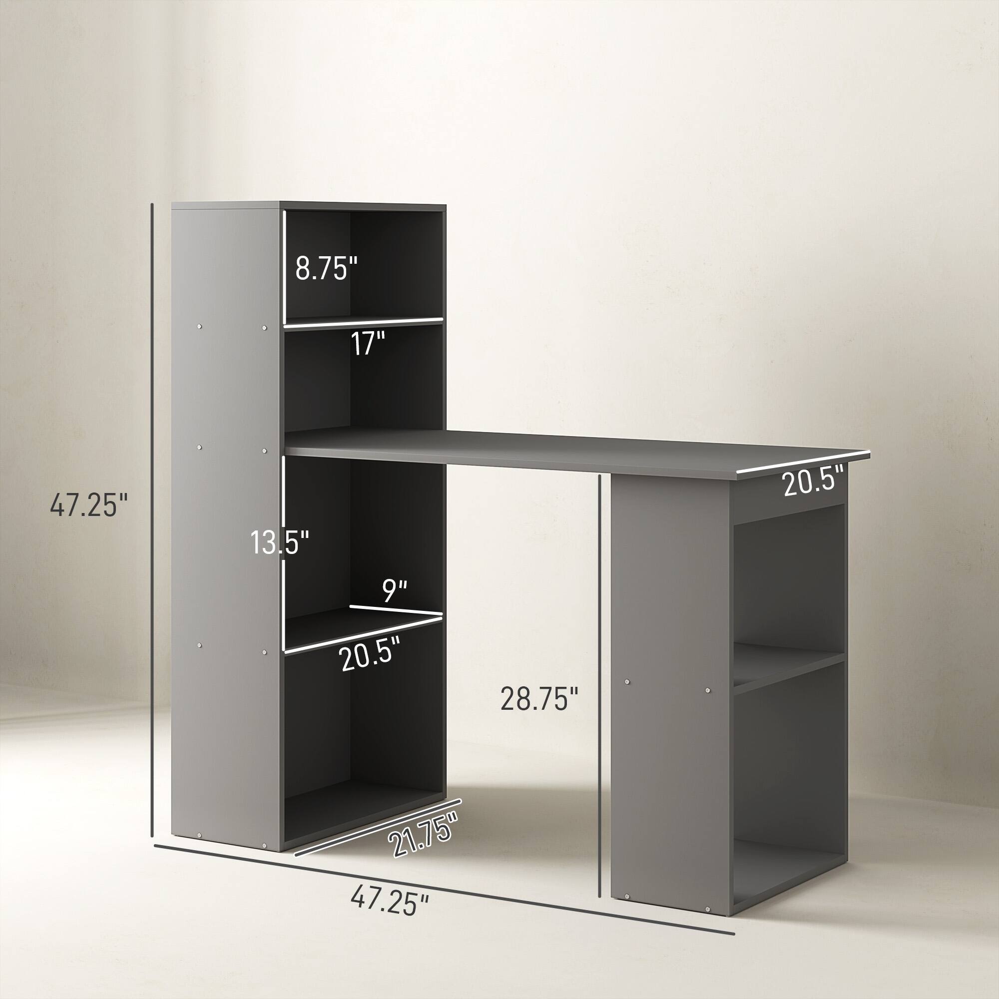 Width: 47.25"
Height: 28.75"
Depth: 21.75"
Shelf 1: 20.5"
Shelf 2: 13.5"
Shelf 3: 9"
Shelf 4: 8.75"
Shelf 5: 17"
