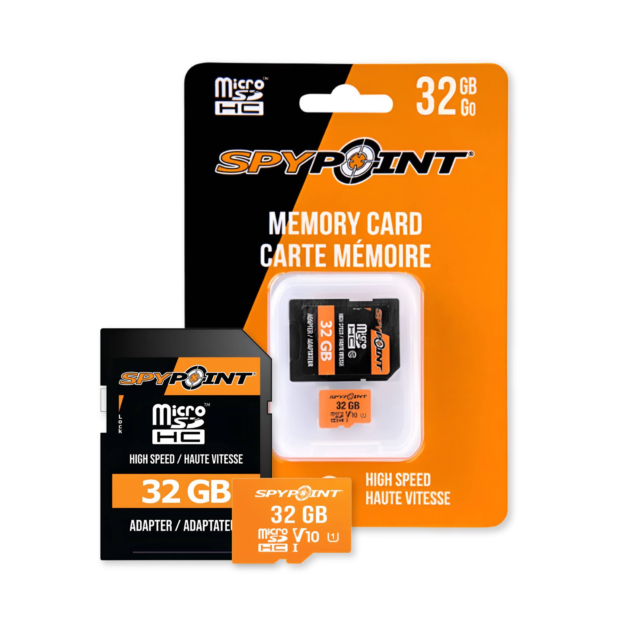 SPYPOINT  
MEMORY CARD  
CARTE MÉMOIRE  

32 GB  

HIGH SPEED / HAUTE VITESSE  

ADAPTER / ADAPTATEUR  

Micro SD  
Class 10  
Micro V10  

SPYPOINT  
32 GB  
HIGH SPEED / HAUTE VITESSE