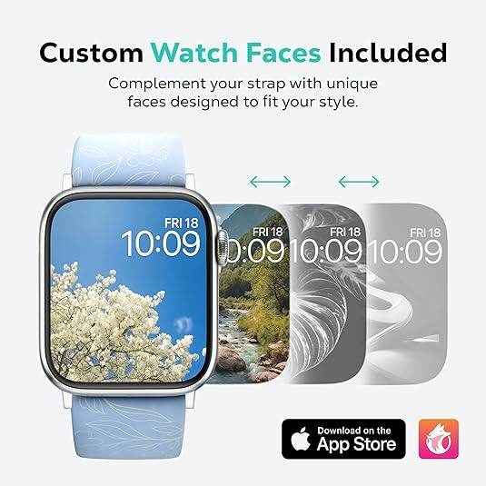 Custom Watch Faces Included  
Complement your strap with unique faces designed to fit your style.  

FRI 18  
10:09  

Download on the App Store