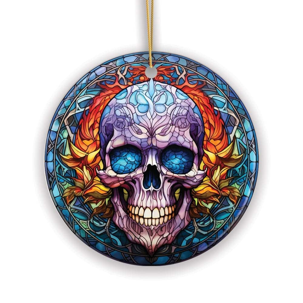 OrnamentallyYou - Grim Guardian Haunting Skull Stained Glass Style Ceramic Ornament Halloween Themed Christmas Gift - Multi-colored