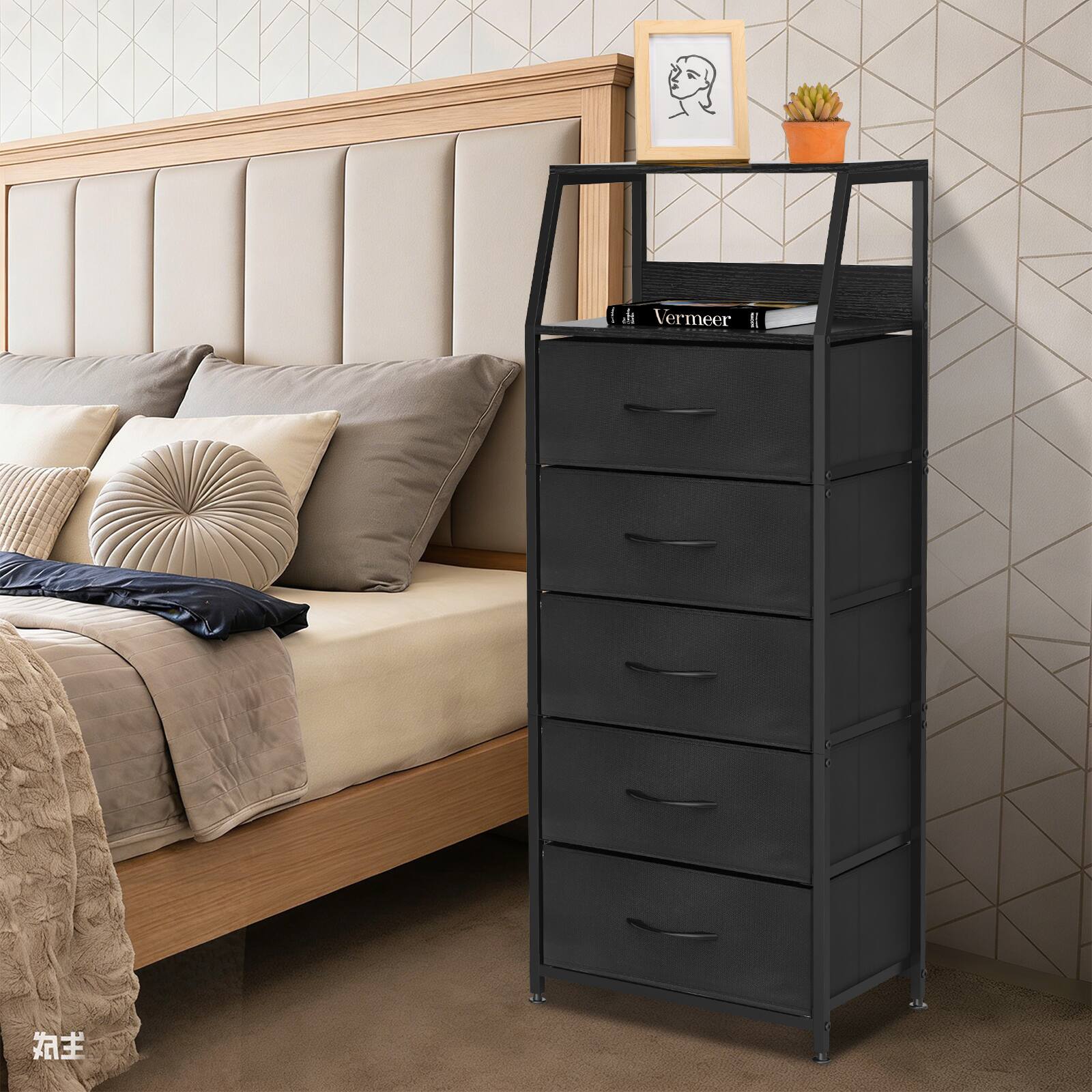 Angle. Oumilen - Black 5-Drawer Tall Dresser with Wood Top and Fabric Drawers - Black.
