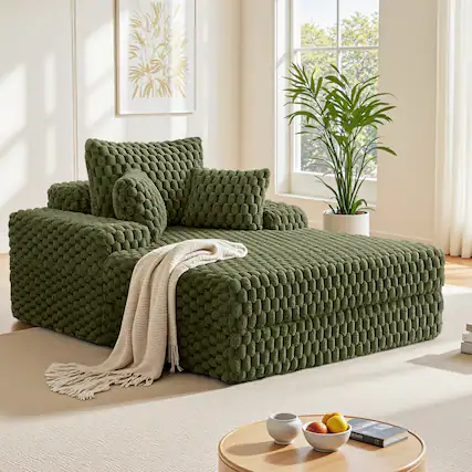 Front. KERDOM - Single Sofa Bed Chaise Lounge Couch, Plush Floor Sofa Sleeper with Pillows, Cup Holder, Side Pouch, No Need Assembly - Green.