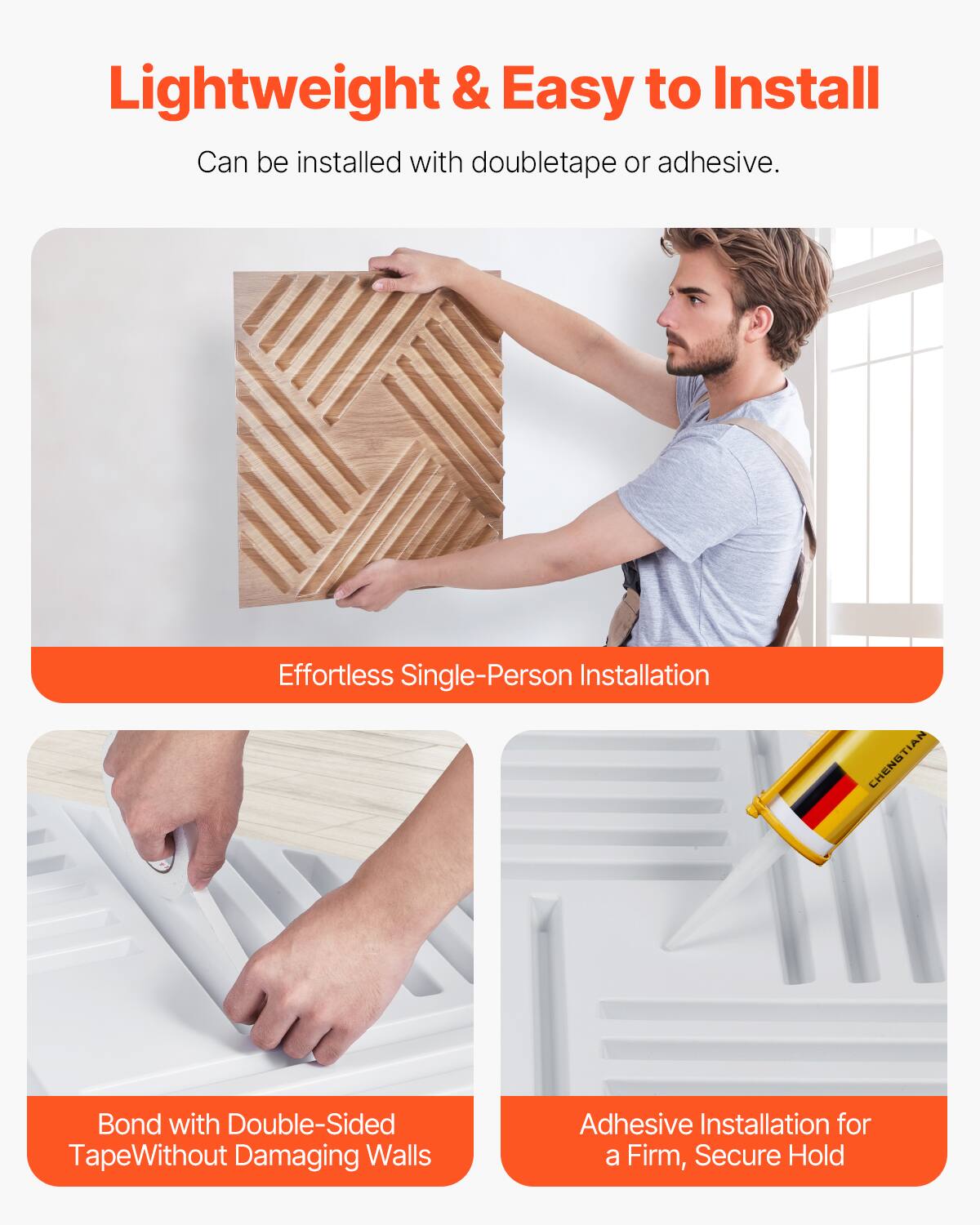 Lightweight & Easy to Install  
Can be installed with double tape or adhesive.

Effortless Single-Person Installation

Bond with Double-Sided Tape Without Damaging Walls

Adhesive Installation for a Firm, Secure Hold