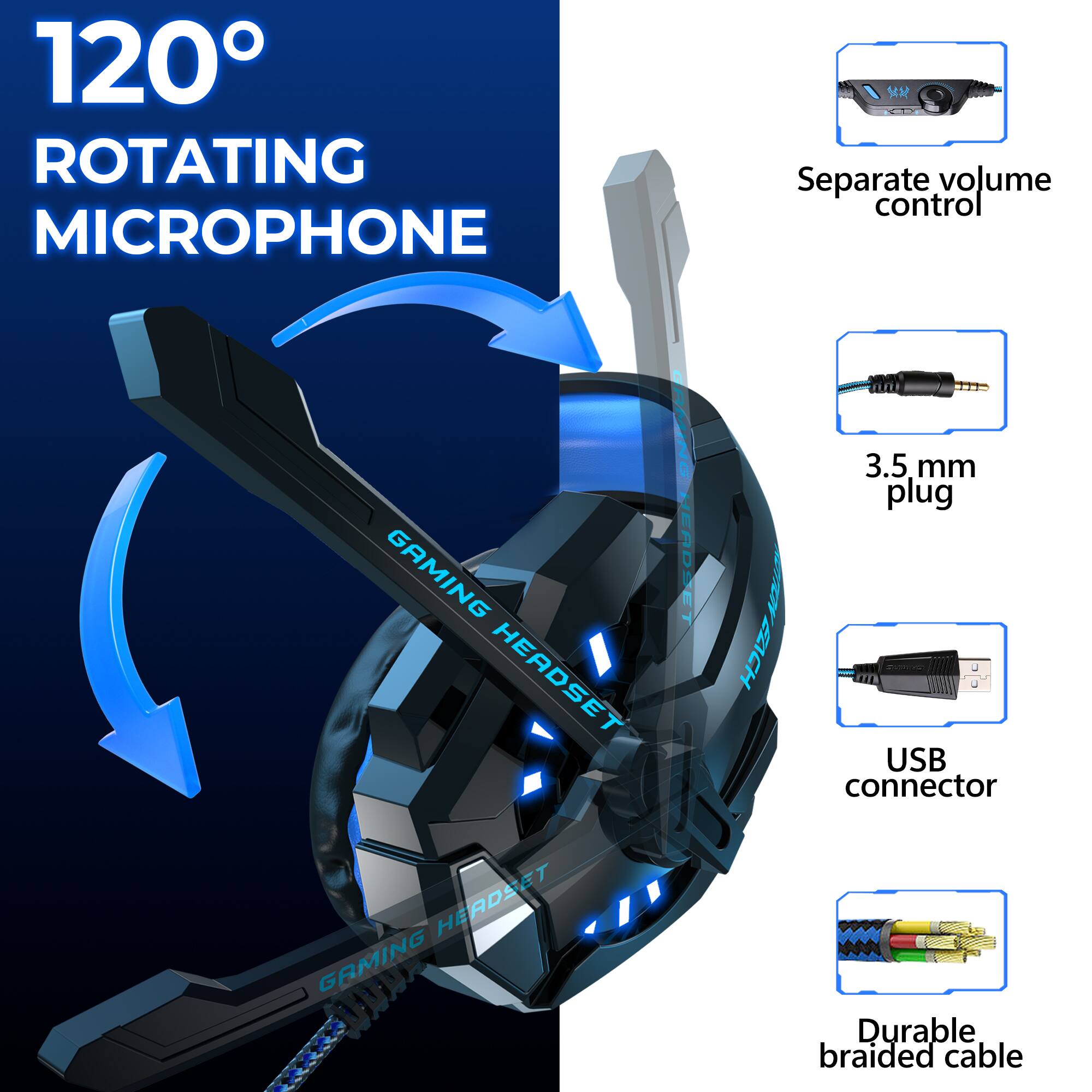 120° ROTATING MICROPHONE

Separate volume control

3.5 mm plug

USB connector

Durable braided cable