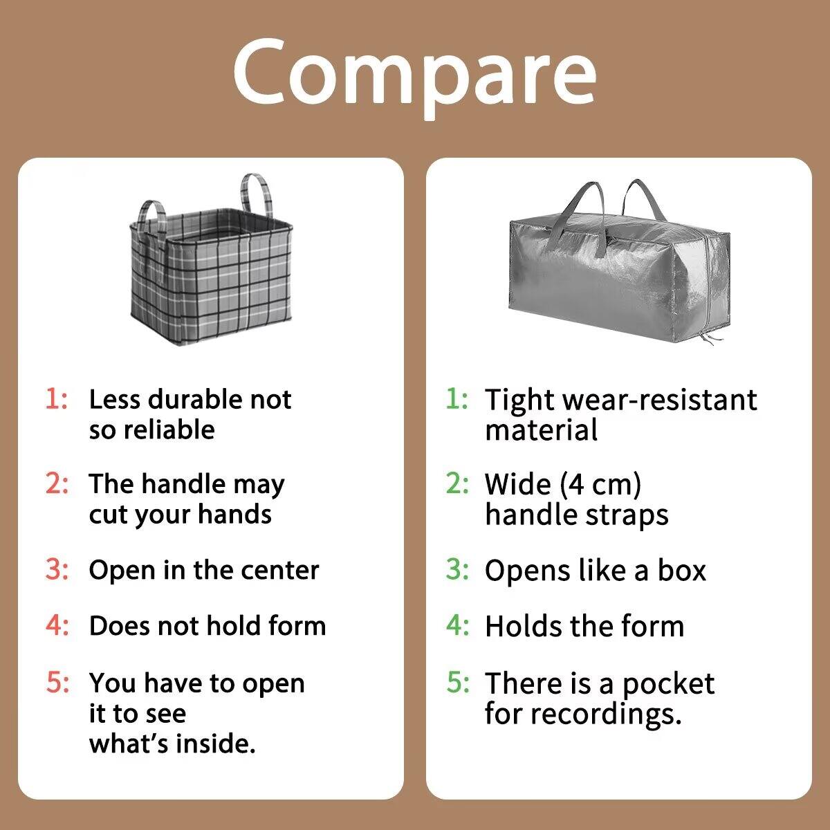 Compare

1: Less durable not so reliable
2: The handle may cut your hands
3: Open in the center
4: Does not hold form
5: You have to open it to see what's inside.

1: Tight wear-resistant material
2: Wide (4 cm) handle straps
3: Opens like a box
4: Holds the form
5: There is a pocket for recordings.