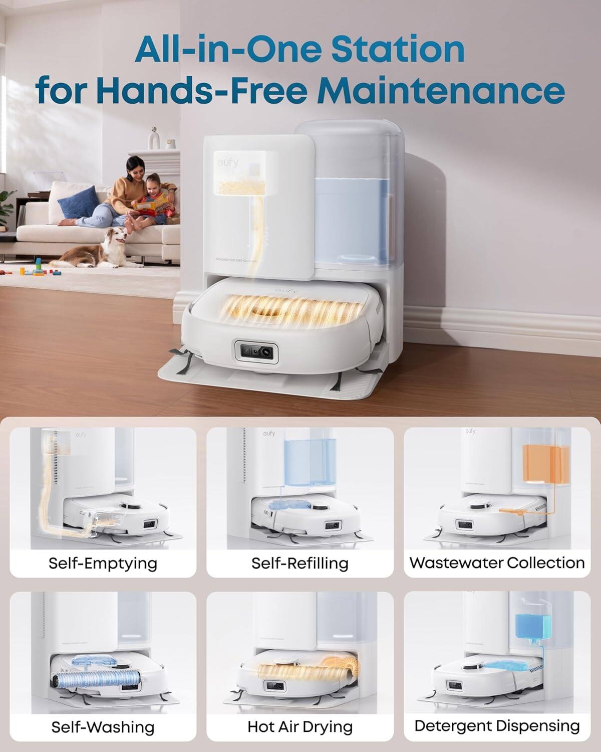 All-in-One Station for Hands-Free Maintenance

- Self-Emptying
- Self-Refilling
- Wastewater Collection
- Self-Washing
- Hot Air Drying
- Detergent Dispensing