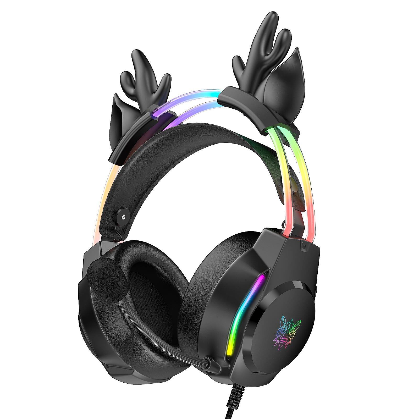 Front. PO3TICJUNKI3 - Gaming Headset With Microphone Cat Ear Headphones For Pc Laptop Ps4 Ps5 Rainbow Rgb Lighting Surround Sound - Black Deer Ear.