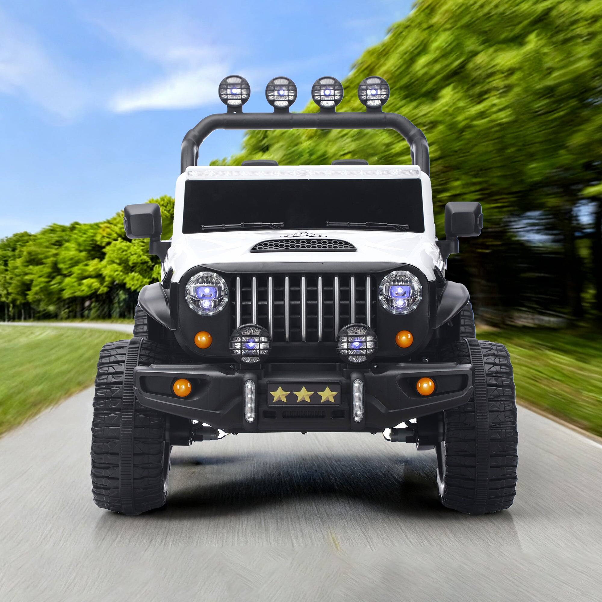 Back. BreeBe - 24V Kids 2-Seater Electric Car, Remote Control, 4WD, LED Lights, Adjustable Speed, USB MP3, White PVC, Ages 3-7 - White.