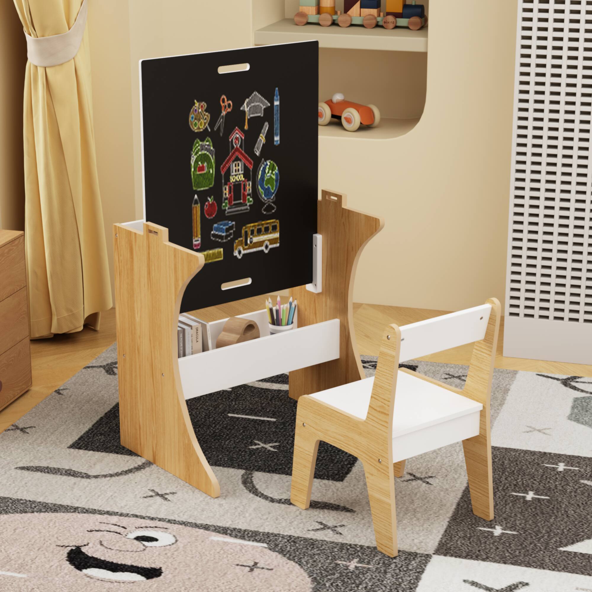 Alt View 6. Tiramisubest - Kids Table Set with Chair,Multifunctional Wooden Children Study Table-Convertible Tabletop for Drawing & Play,Natural - White.