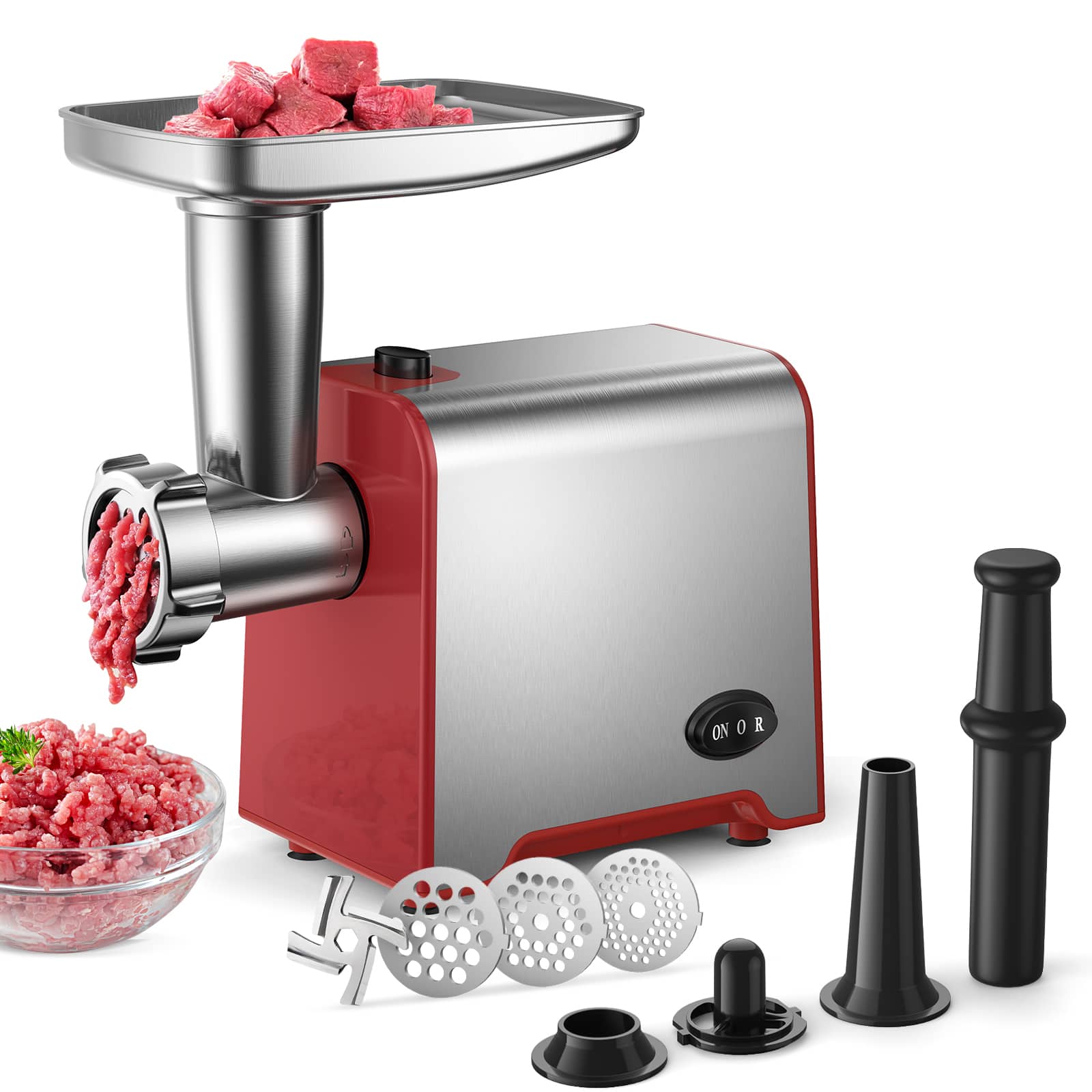 KEINVE - Electric Meat Grinder, 450W Sausage Stuffer Maker with Blade & 3 Plates, Sausage Stuffer Tubes & Kubbe Kit - Red