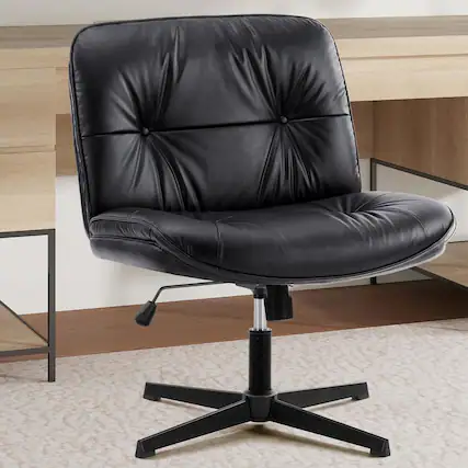 Front. AOITUN - Armless-Office Desk Chair Without Wheels, Cross Legged Wide Chair, PU Leather Comfortable Adjustable Swivel, Black - Black.