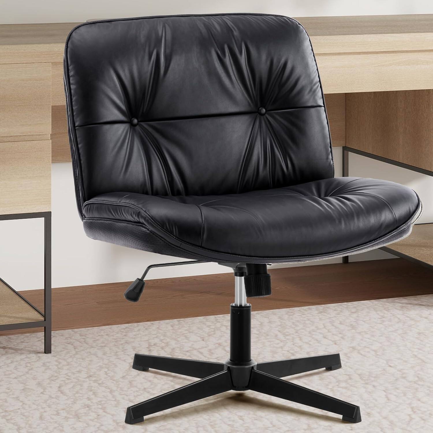 Front. AOITUN - Armless-Office Desk Chair Without Wheels, Cross Legged Wide Chair, PU Leather Comfortable Adjustable Swivel, Black - Black.