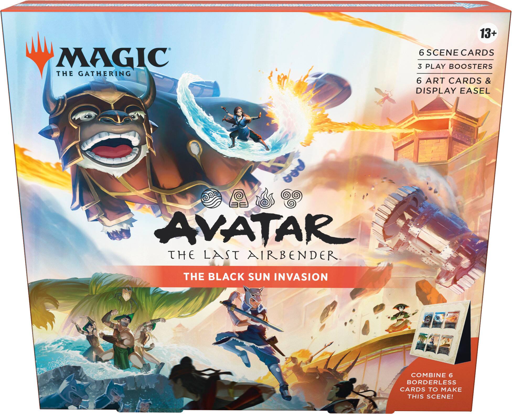 MAGIC THE GATHERING 13+ 6 SCENE CARDS 3 PLAY BOOSTERS 6 ART CARDS & DISPLAY EASEL AVATAR THE LAST AIRBENDER. THE BLACK SUN INVASION. COMBINE 6 BORDERLESS CARDS TO MAKE THIS SCENE!
