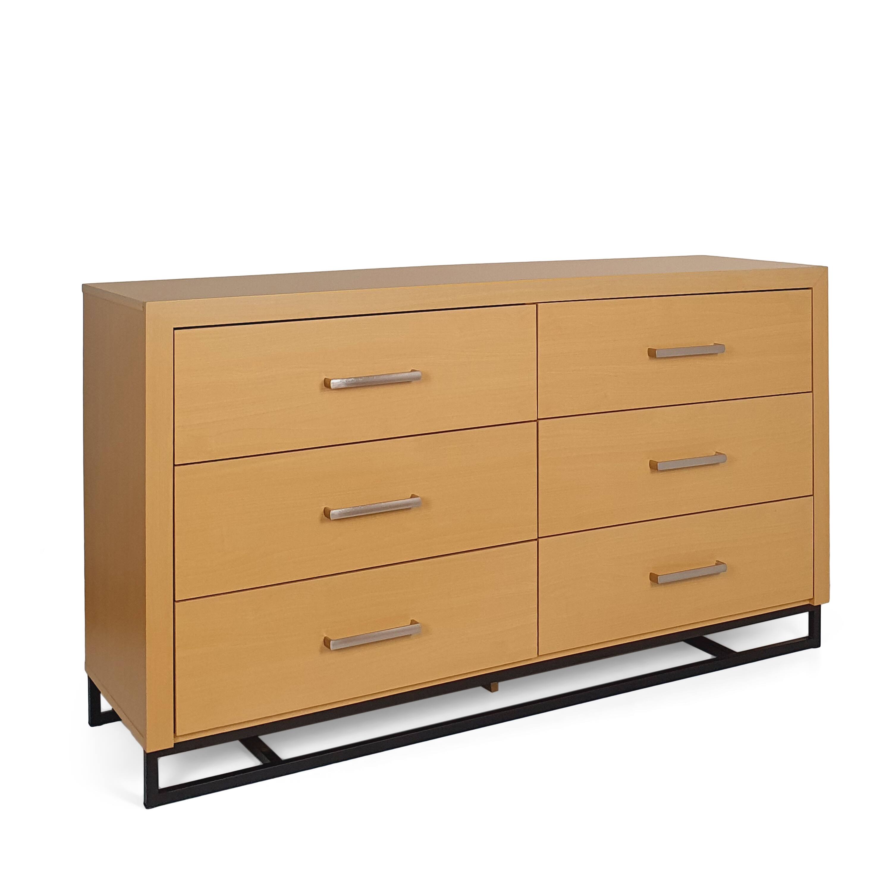 Spaco - Industrial 6-Drawer Double Dresser, Solid Iron Base, Minimalist Contemporary, Silver Handles for Bedroom - Maple