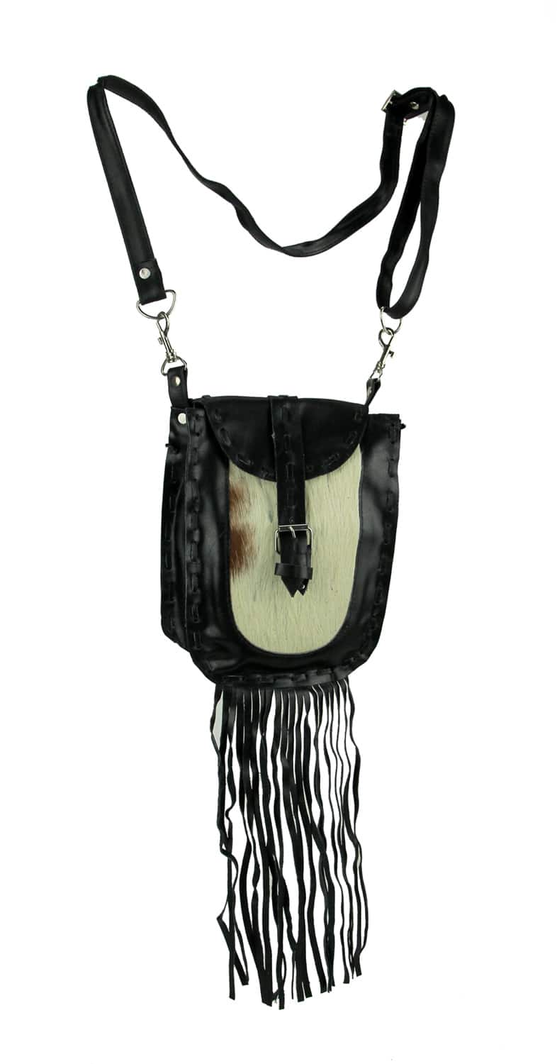Things2Die4 - Genuine Leather Hair-On Hide Trim Fringed Crossbody Bag Small - Black