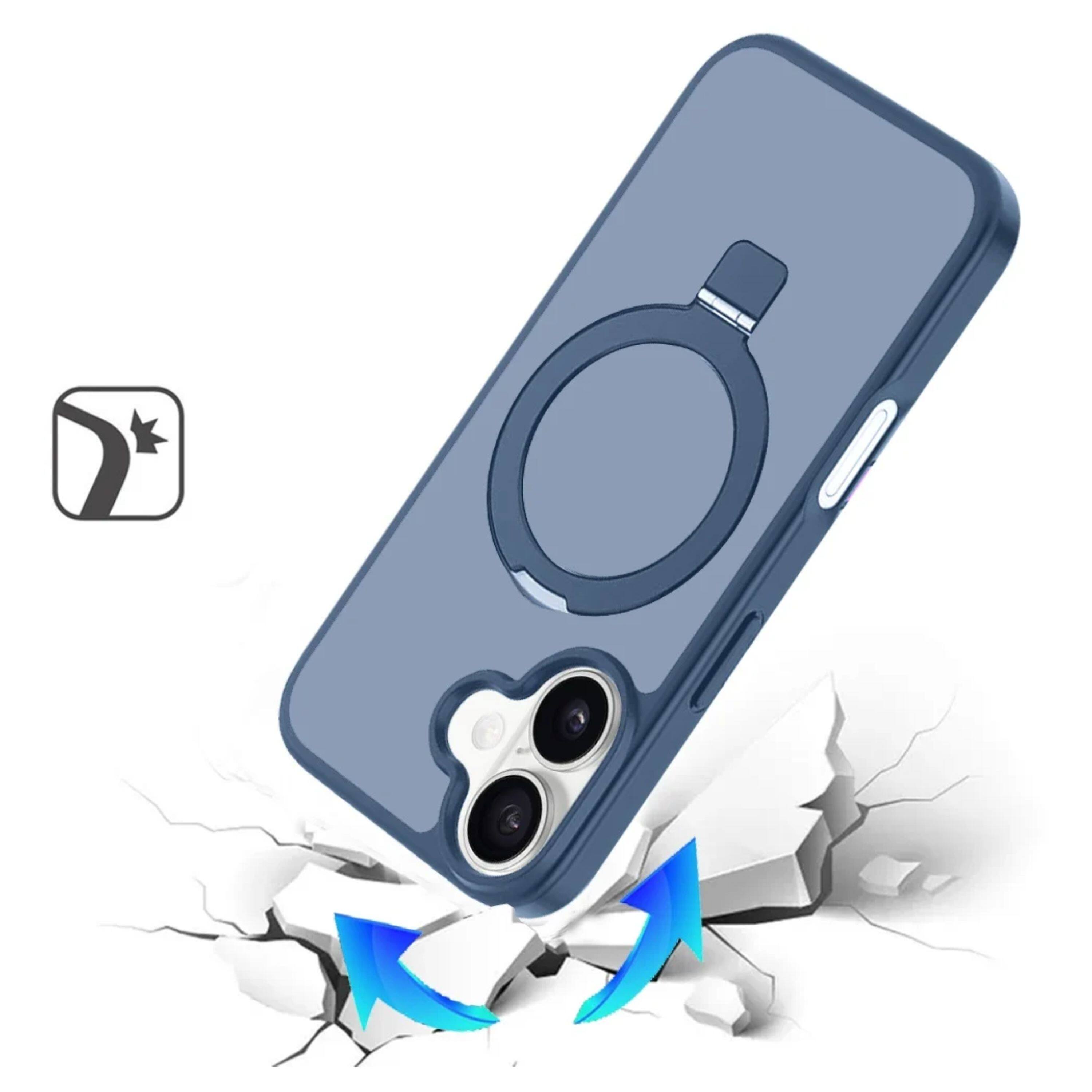 Left. Kitcheniva - Raised Bezels Magnetic Metal Circle Stand Rugged Phone Case With Tempered Glass For iPhone 17 Blue - Blue.