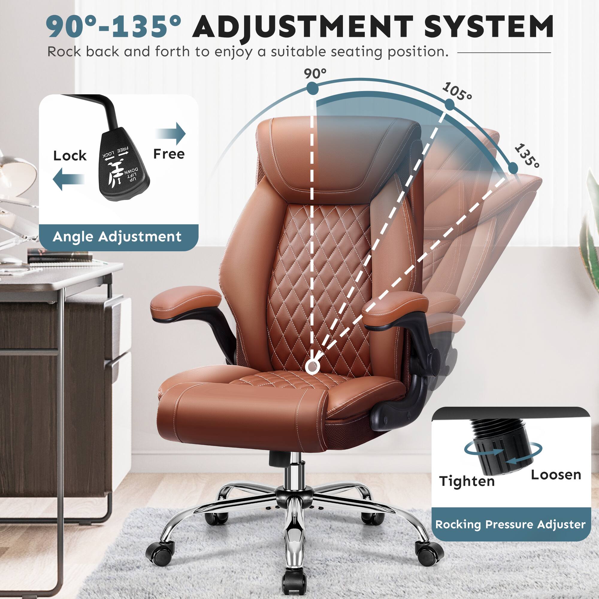 90°-135° ADJUSTMENT SYSTEM  
Rock back and forth to enjoy a suitable seating position.  

Lock  
Free  

Angle Adjustment  

Tighten  
Loosen  

Rocking Pressure Adjuster